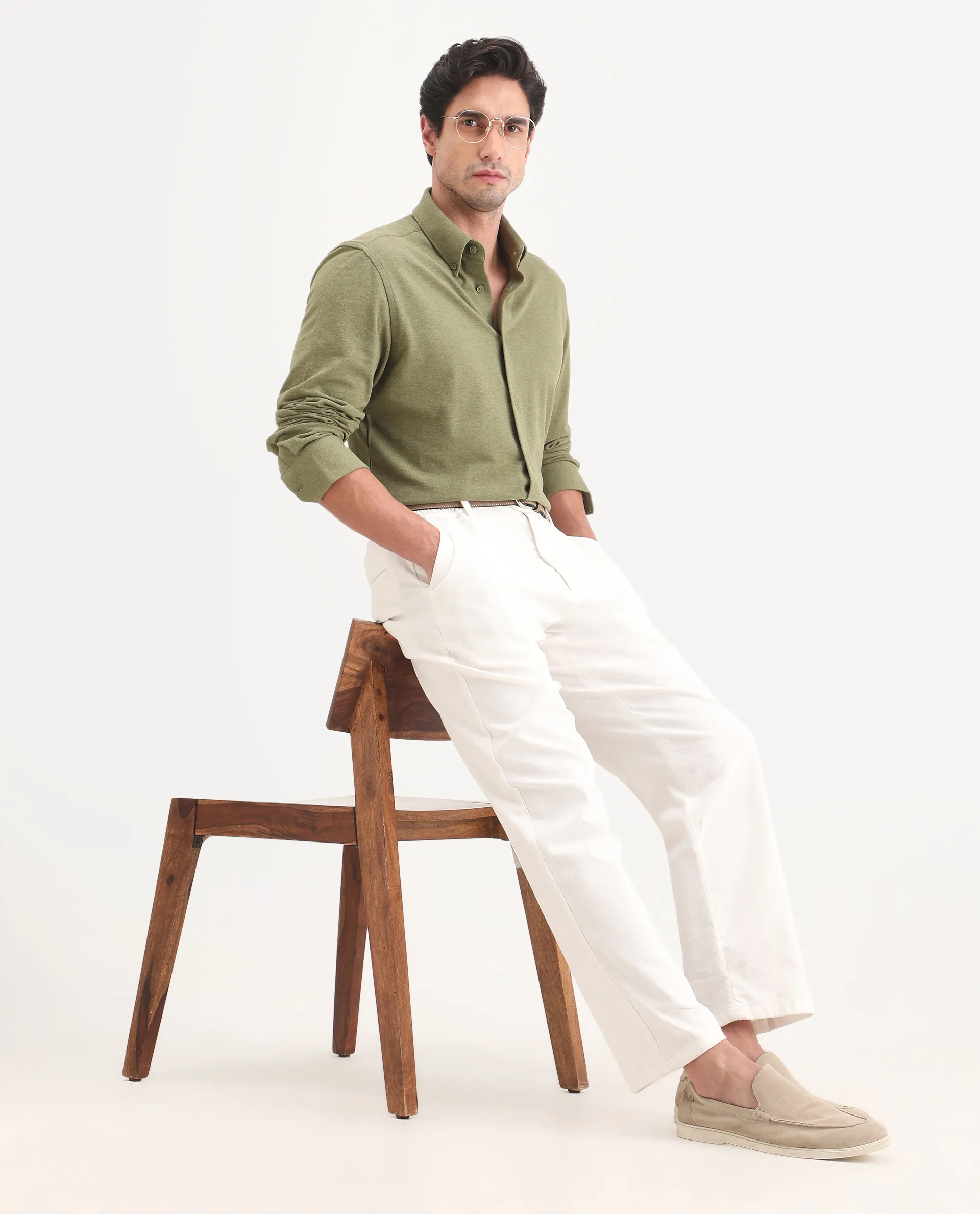 Rare Rabbit Men's Isla Green Cotton Fabric Full Sleeve Button-Down Collar Regular Fit Plain Shirt - Image 2