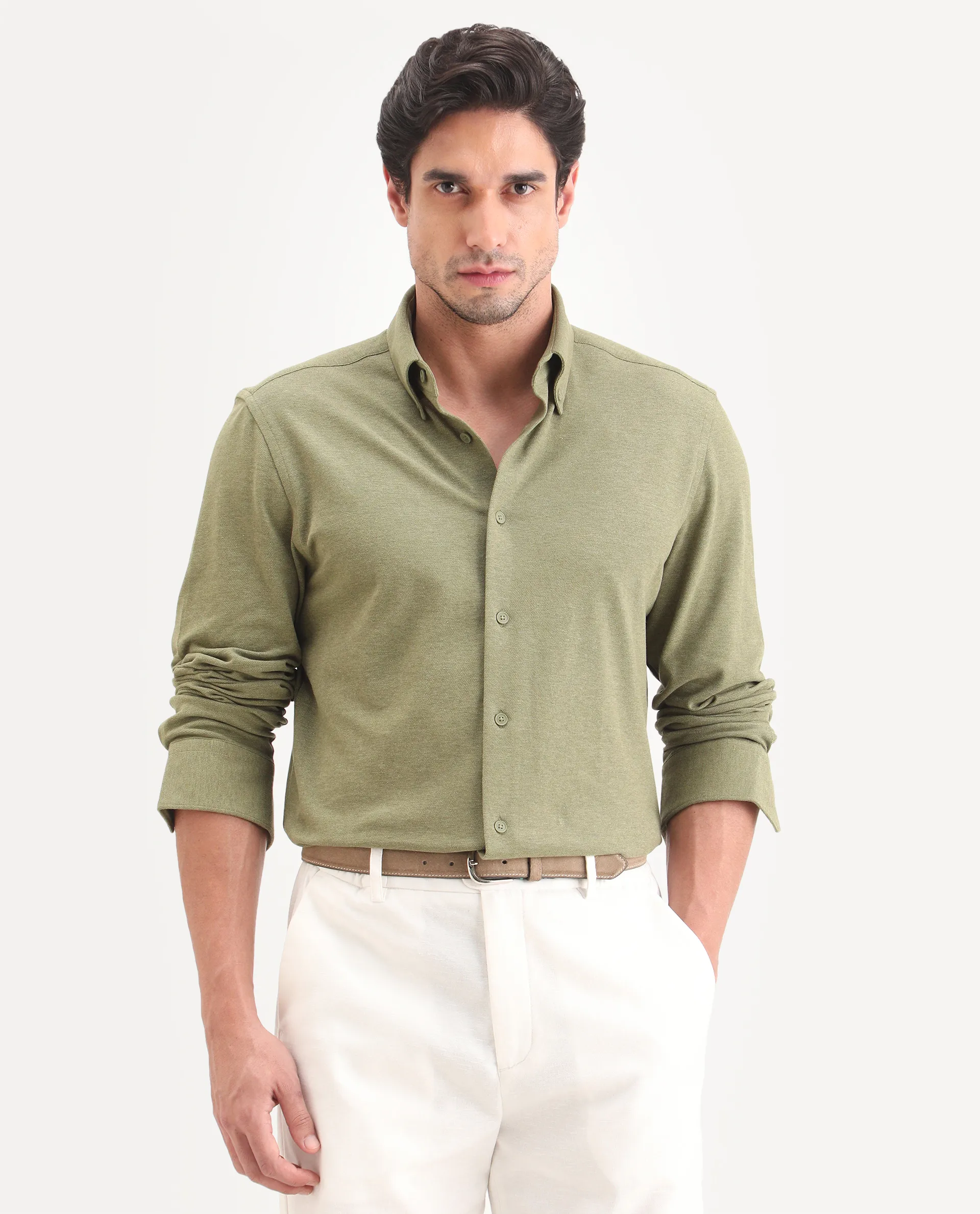 Rare Rabbit Men's Isla Green Cotton Fabric Full Sleeve Button-Down Collar Regular Fit Plain Shirt - Image 4