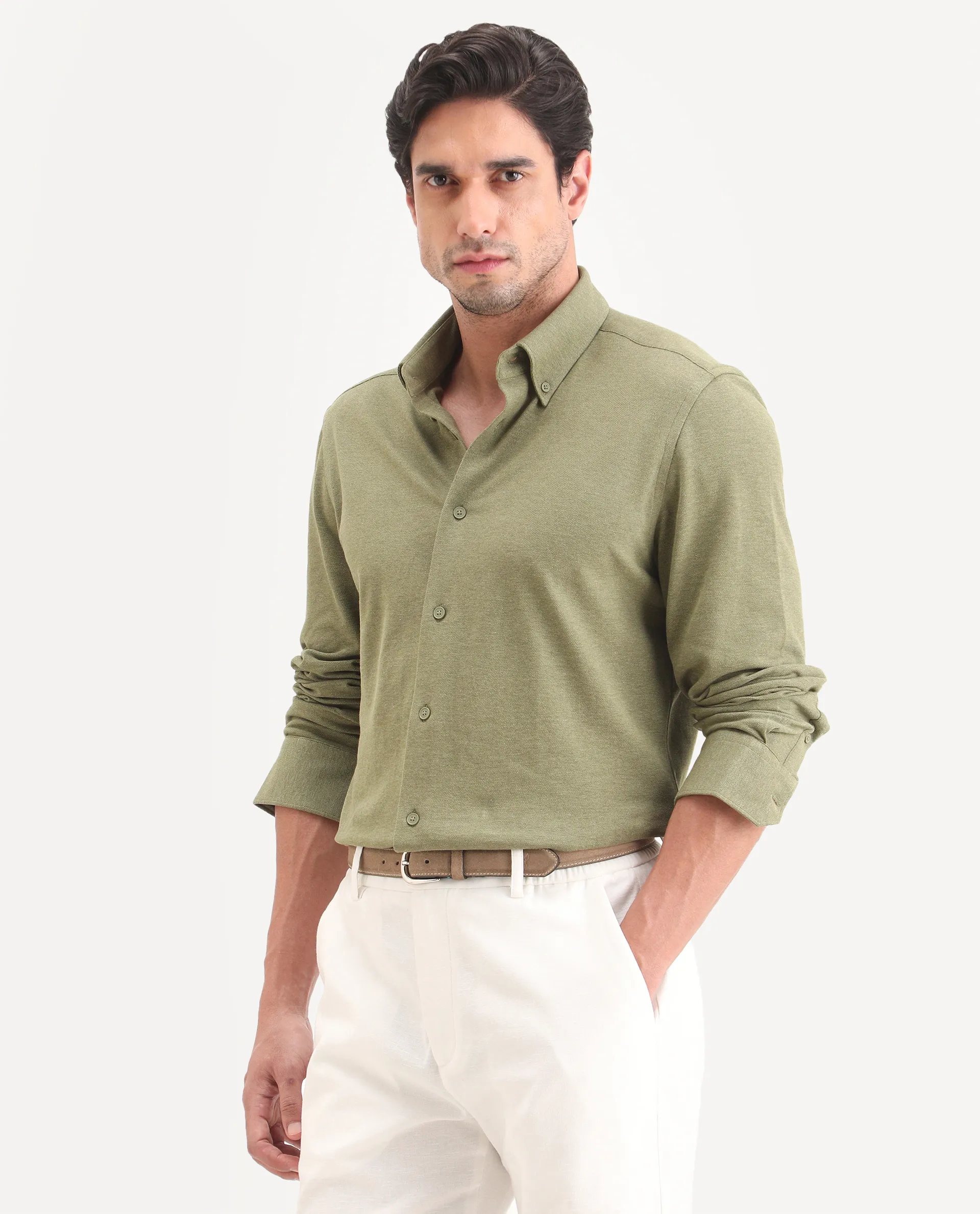 Rare Rabbit Men's Isla Green Cotton Fabric Full Sleeve Button-Down Collar Regular Fit Plain Shirt - Image 5