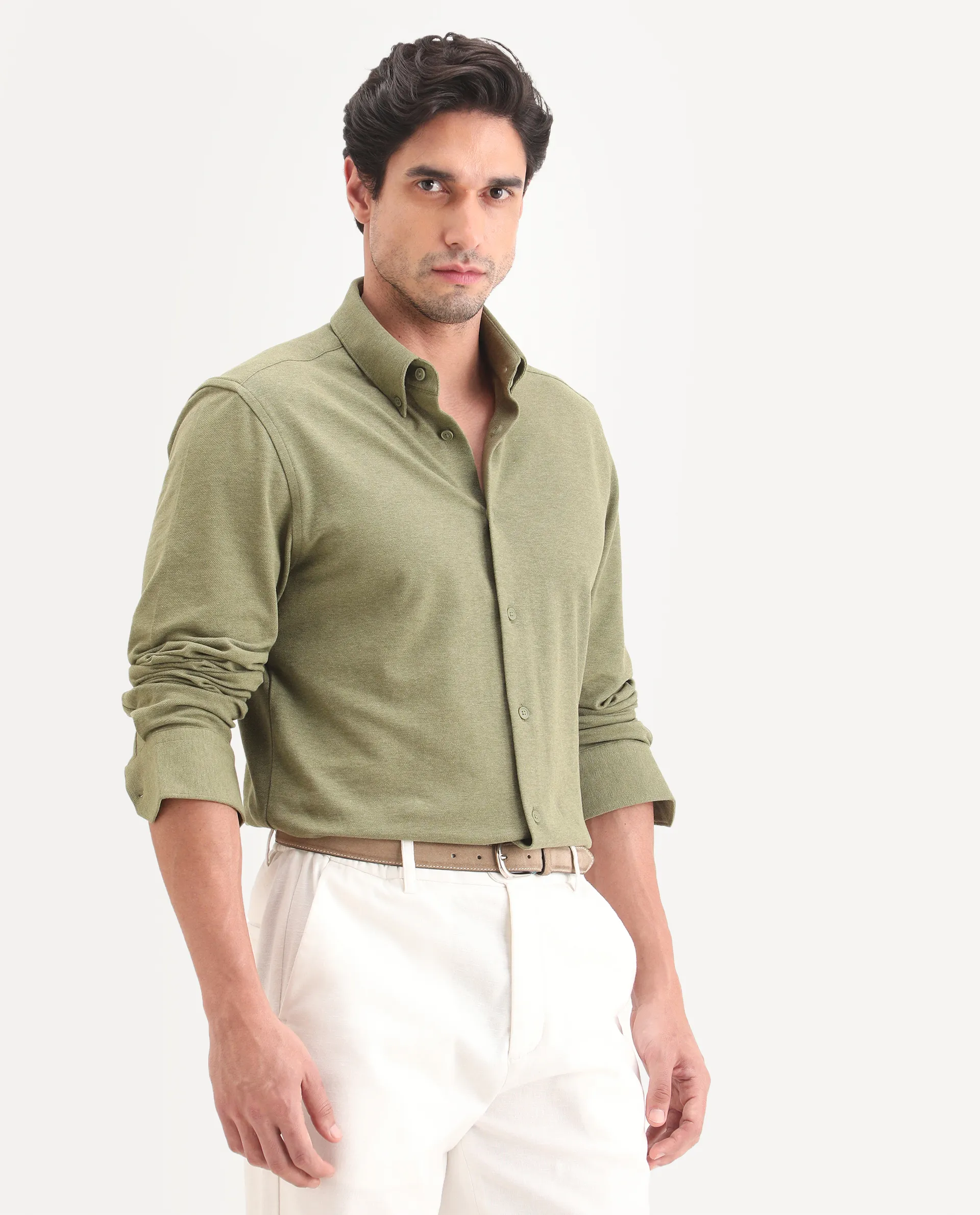 Rare Rabbit Men's Isla Green Cotton Fabric Full Sleeve Button-Down Collar Regular Fit Plain Shirt - Image 6