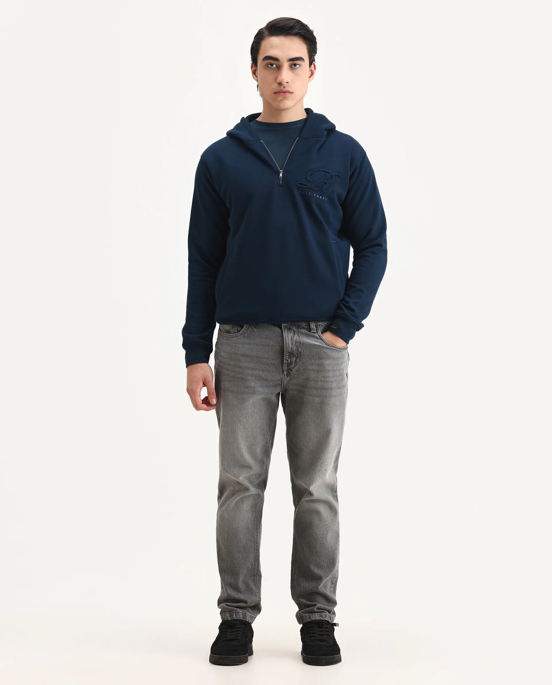 Rare Rabbit Men's Island Teal Cotton Embroidered Regular Fit Full Sleeve Hooded Sweatshirt - Image 2