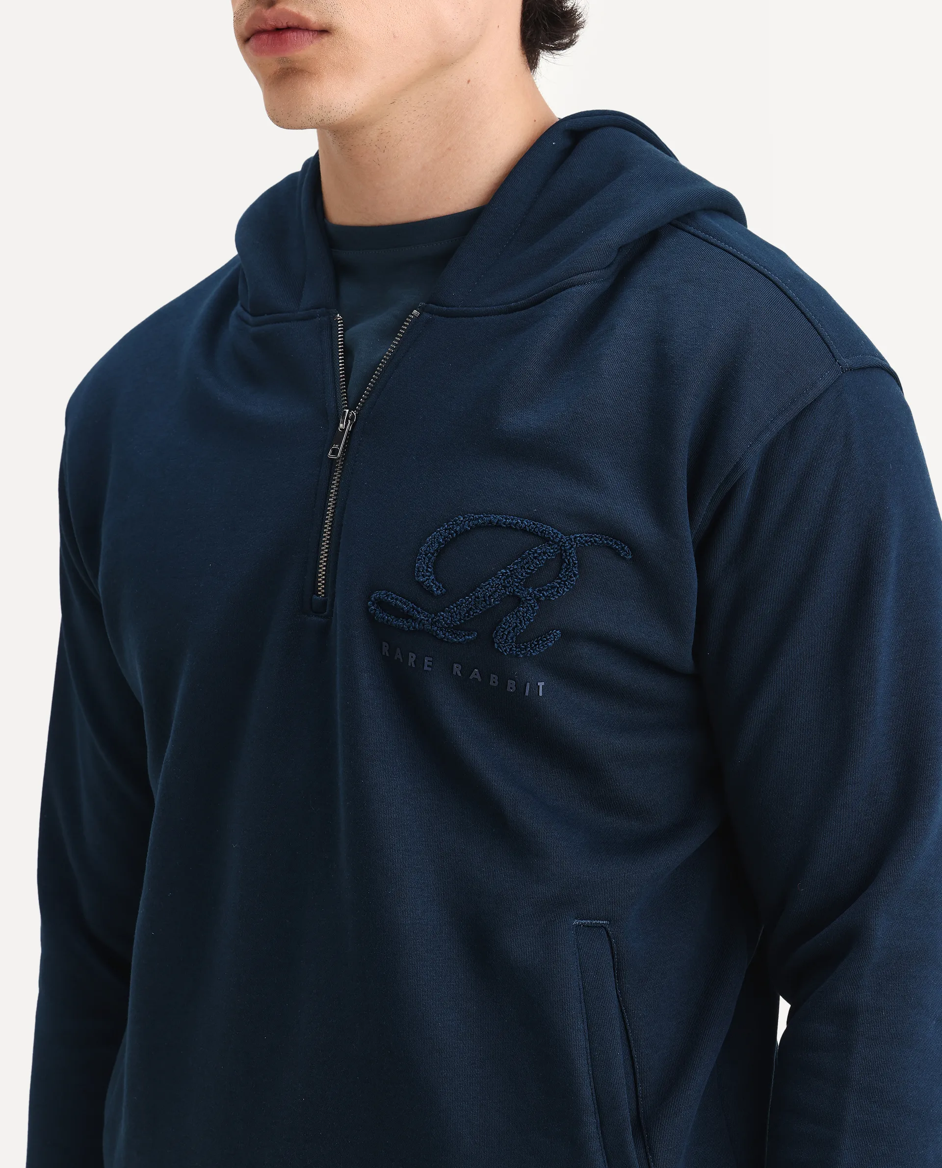 Rare Rabbit Men's Island Teal Cotton Embroidered Regular Fit Full Sleeve Hooded Sweatshirt - Image 3
