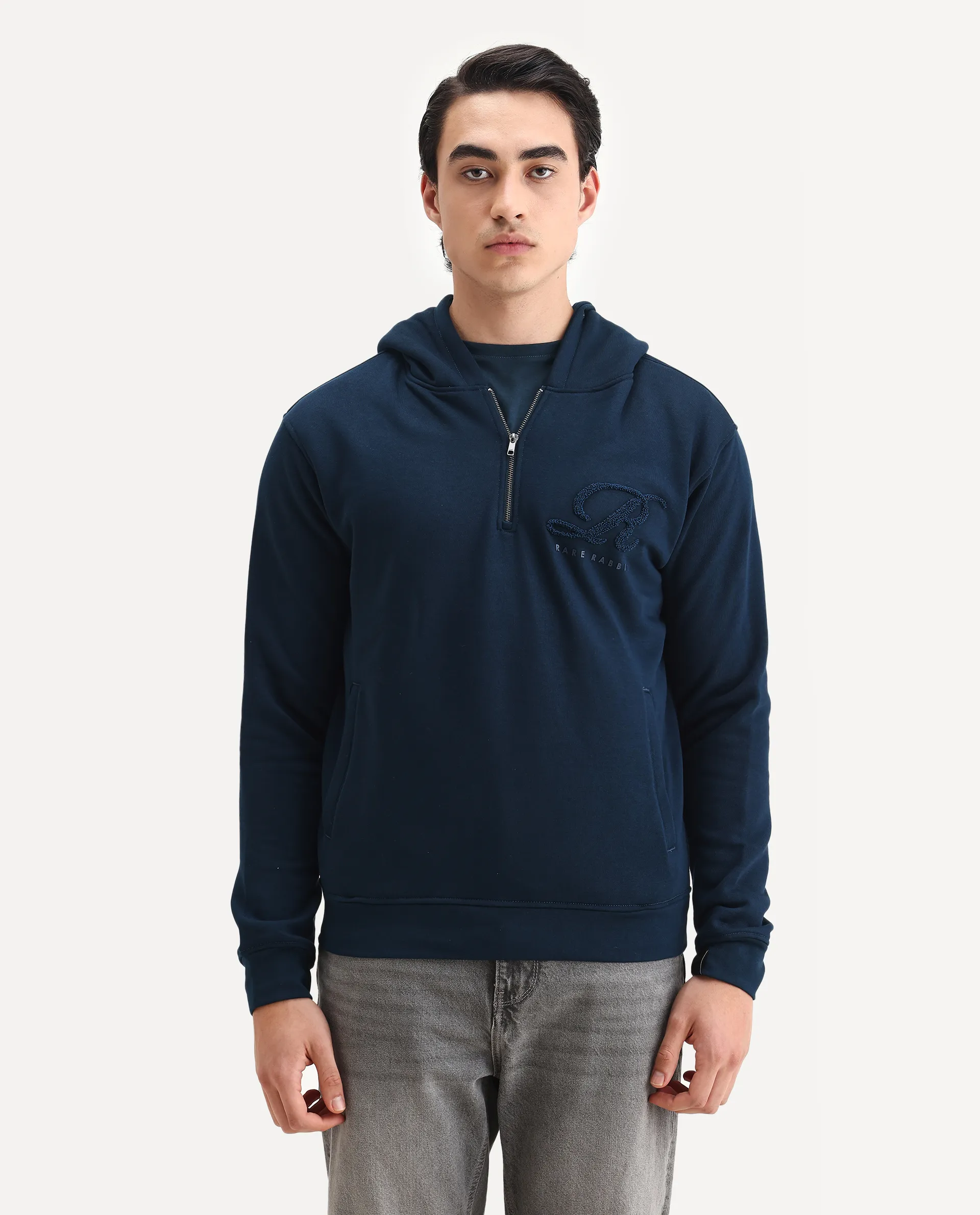 Rare Rabbit Men's Island Teal Cotton Embroidered Regular Fit Full Sleeve Hooded Sweatshirt - Image 4