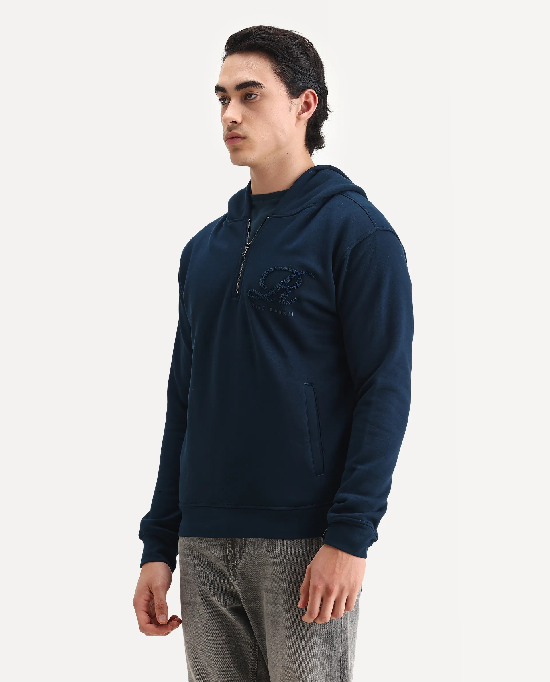 Rare Rabbit Men's Island Teal Cotton Embroidered Regular Fit Full Sleeve Hooded Sweatshirt - Image 5