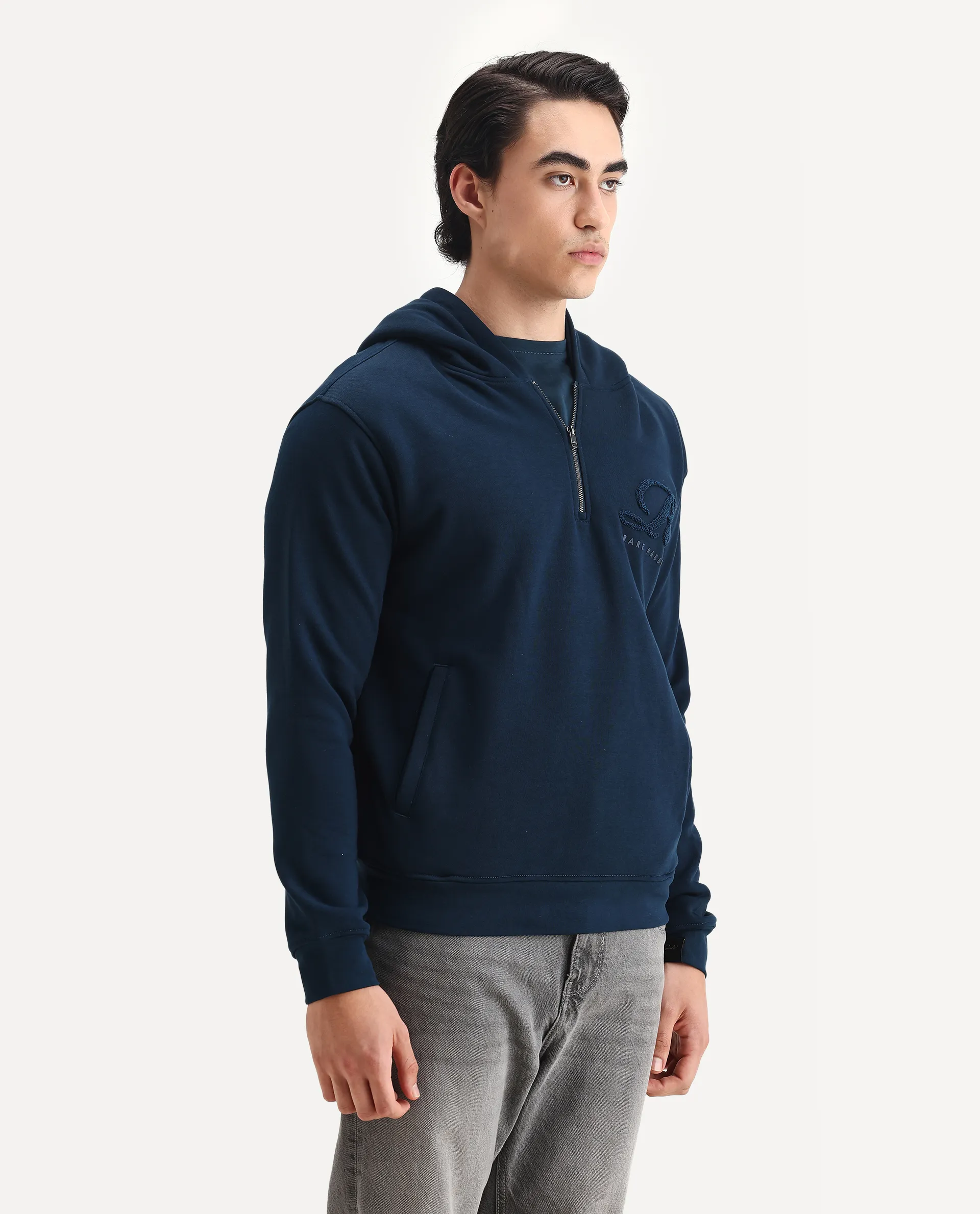 Rare Rabbit Men's Island Teal Cotton Embroidered Regular Fit Full Sleeve Hooded Sweatshirt - Image 6