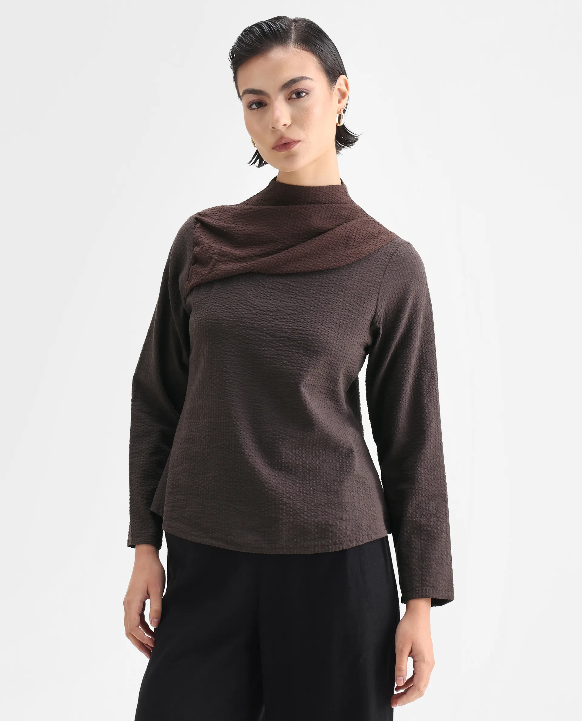 Rareism Women's Isro Brown Cotton High Neck Plain Regular Fit Top - Image 3