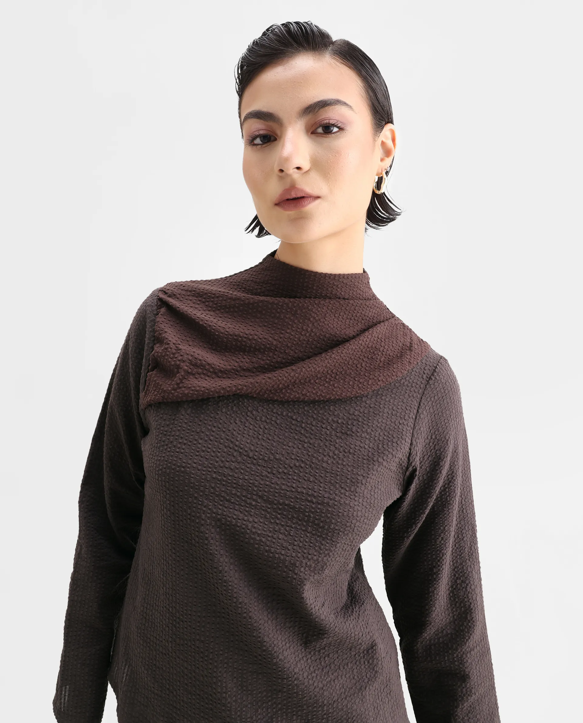 Rareism Women's Isro Brown Cotton High Neck Plain Regular Fit Top - Image 4