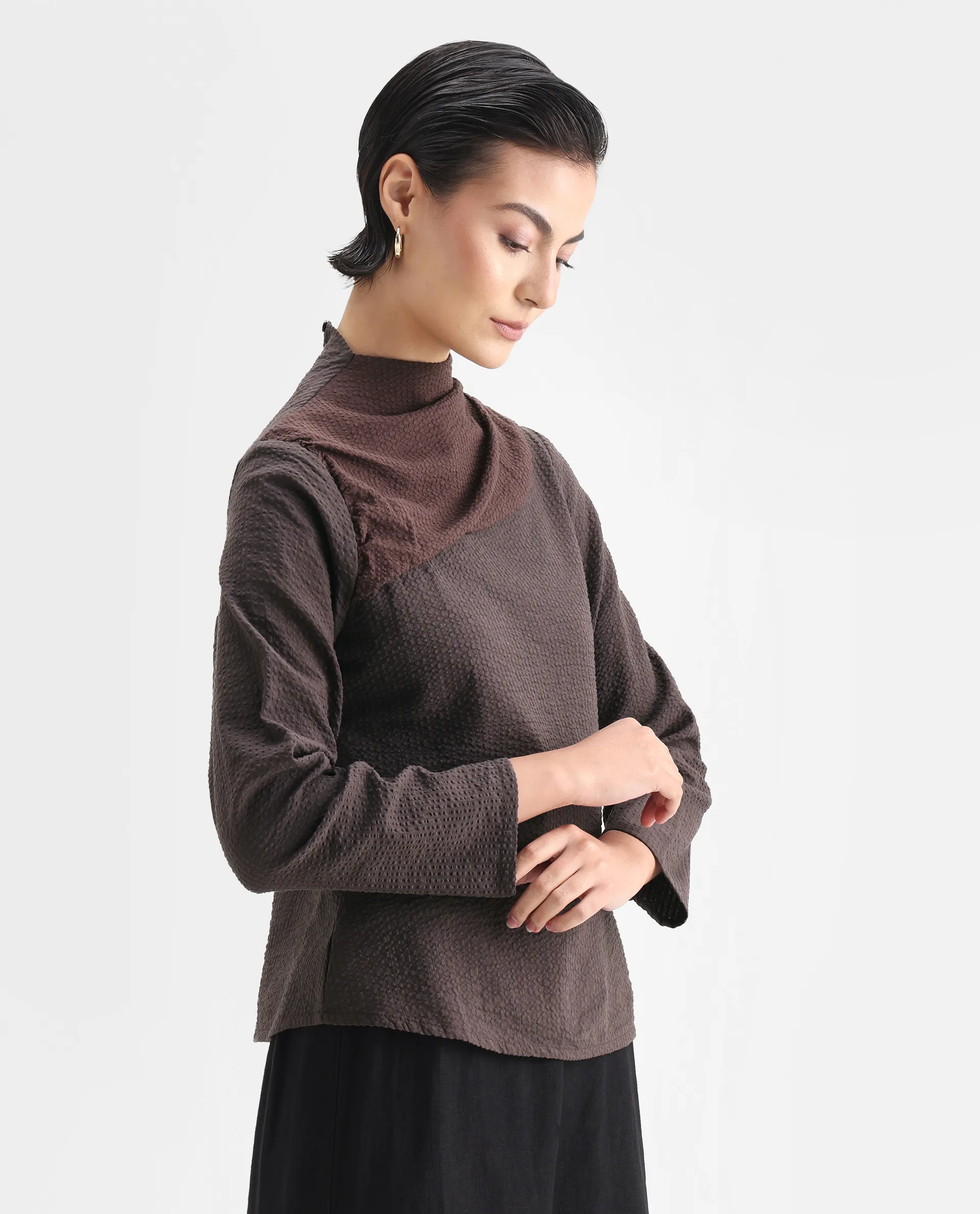 Rareism Women's Isro Brown Cotton High Neck Plain Regular Fit Top - Image 6