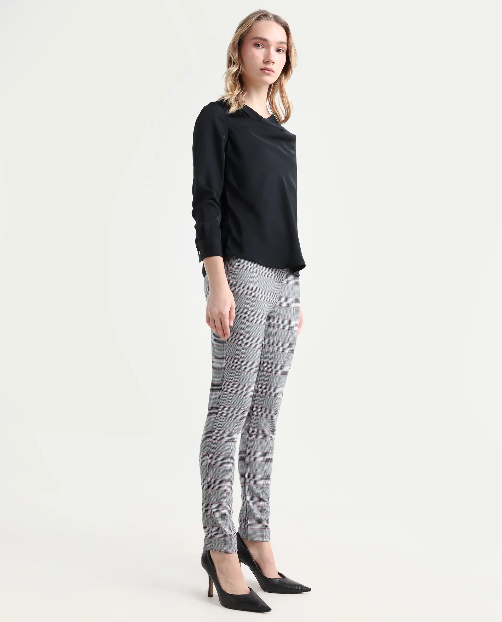 Rareism Women's Issac Beige Checked Knee Length Slim Fit Trouser - Image 6