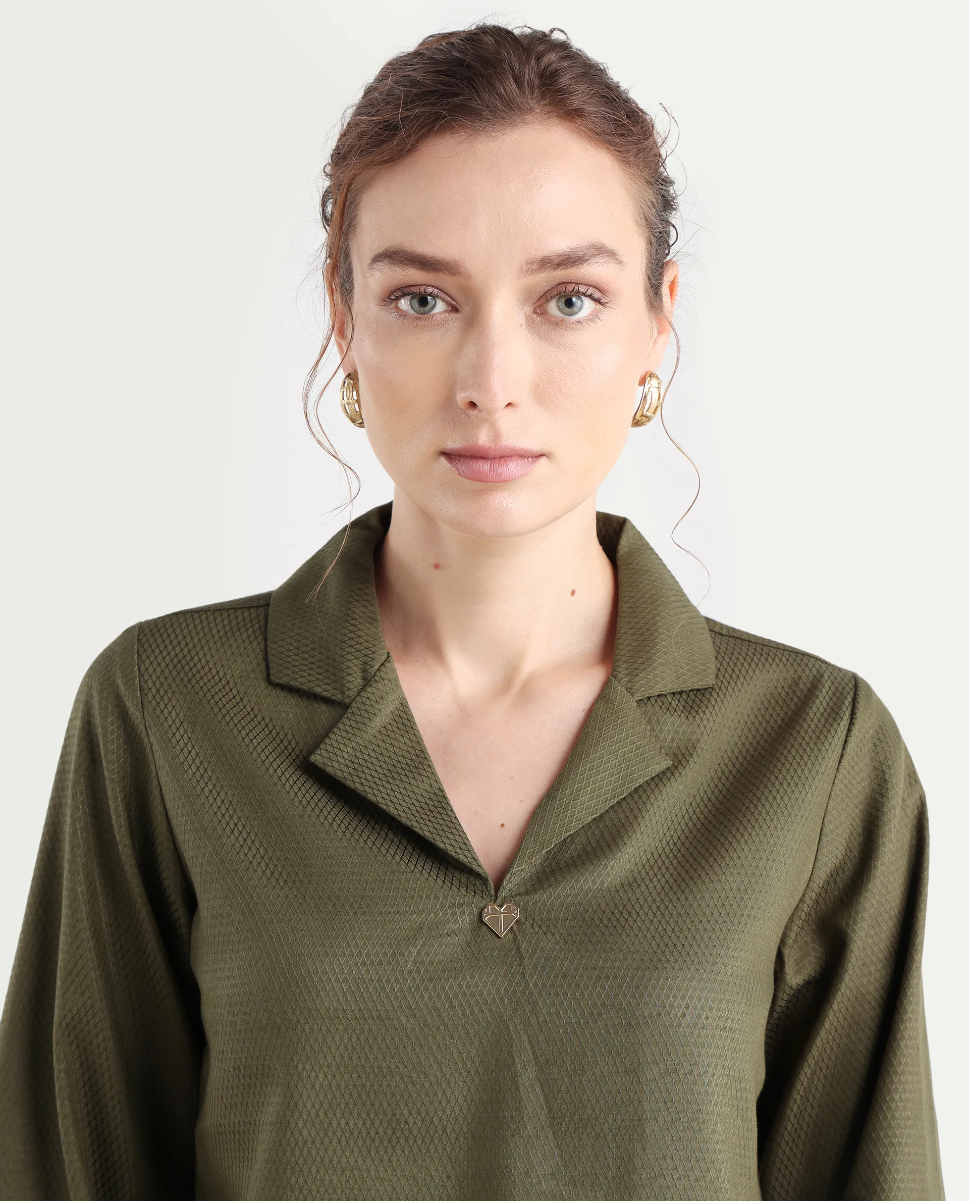 Rareism Women's Istanbul Green Cotton Lapel Neck Plain Bishop Sleeve Crop Regular Fit Top - Image 4