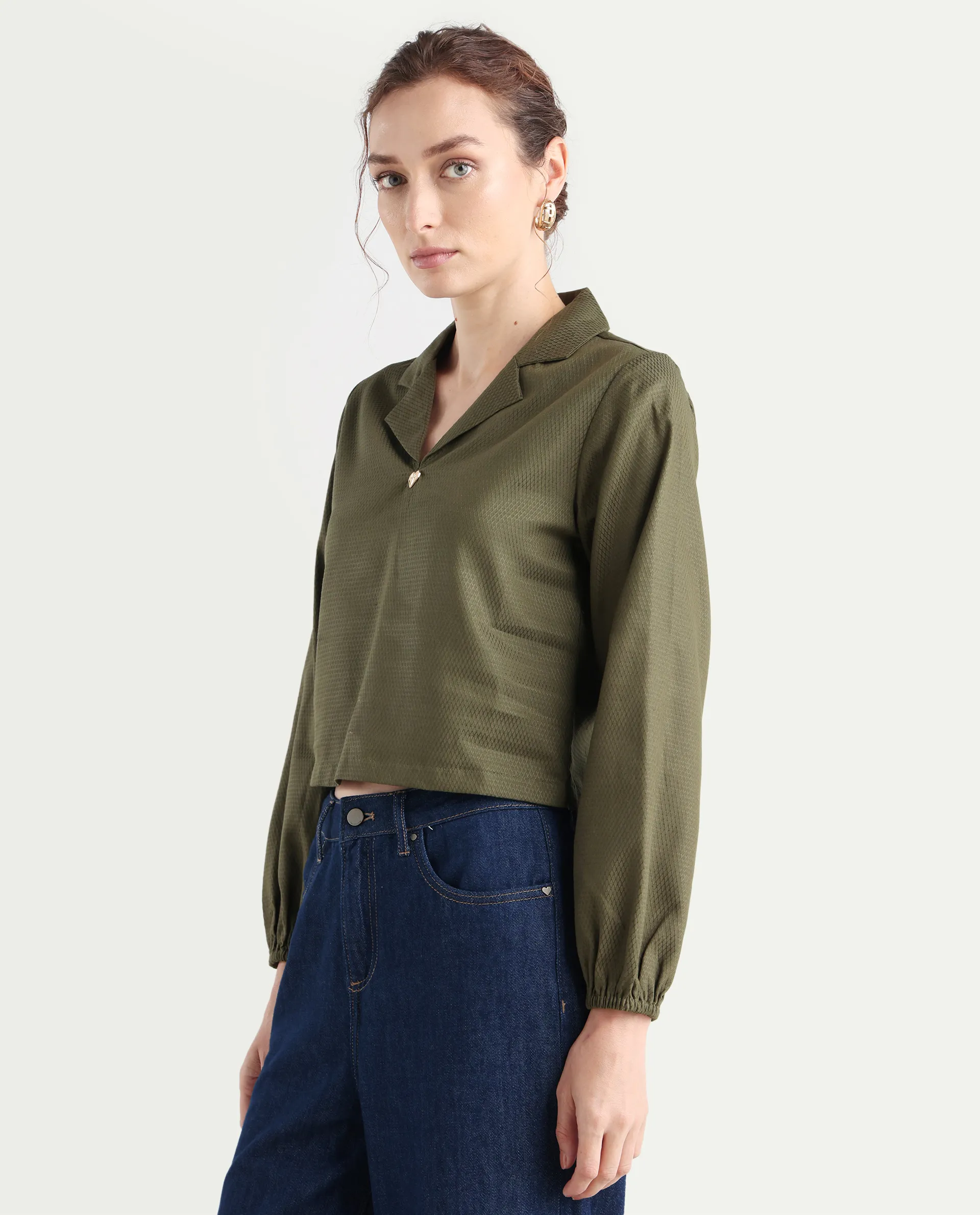 Rareism Women's Istanbul Green Cotton Lapel Neck Plain Bishop Sleeve Crop Regular Fit Top - Image 5