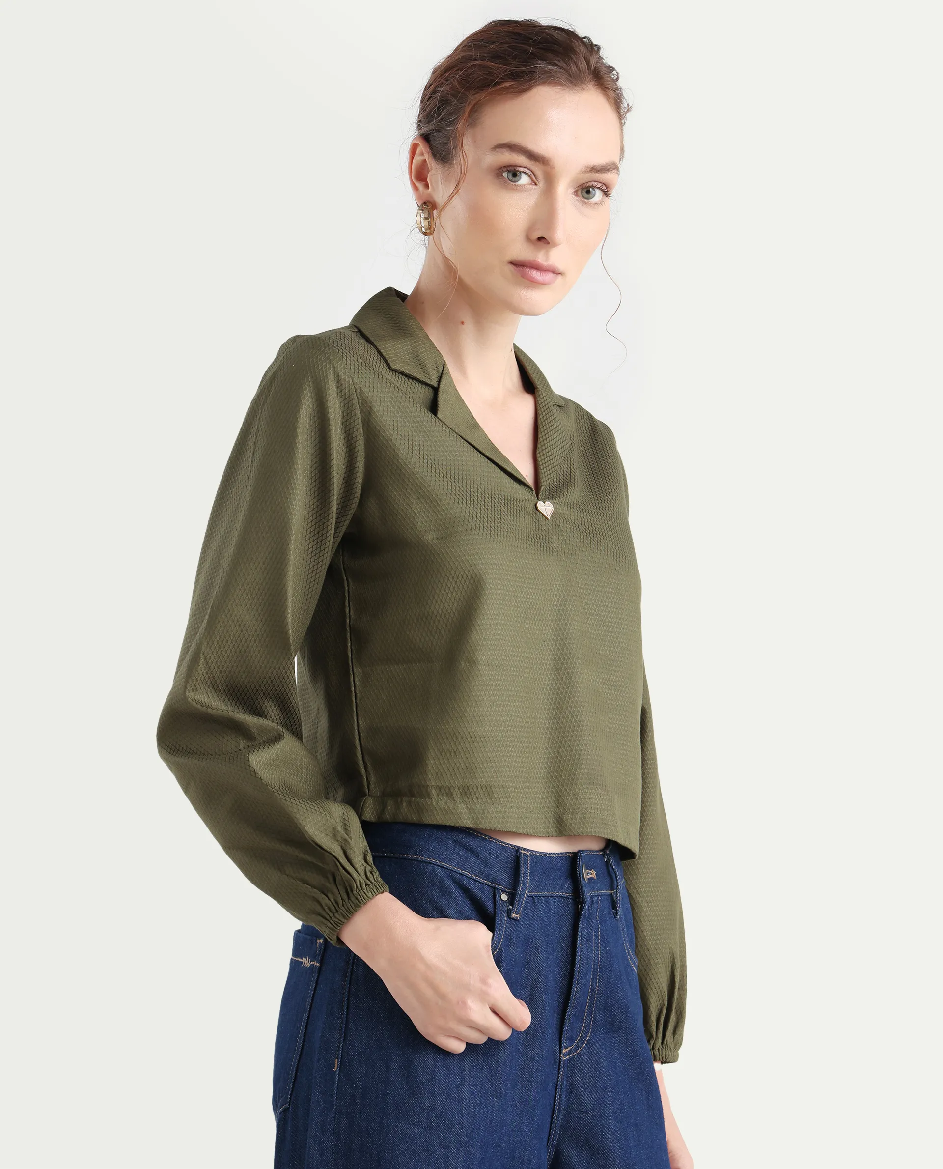 Rareism Women's Istanbul Green Cotton Lapel Neck Plain Bishop Sleeve Crop Regular Fit Top - Image 6