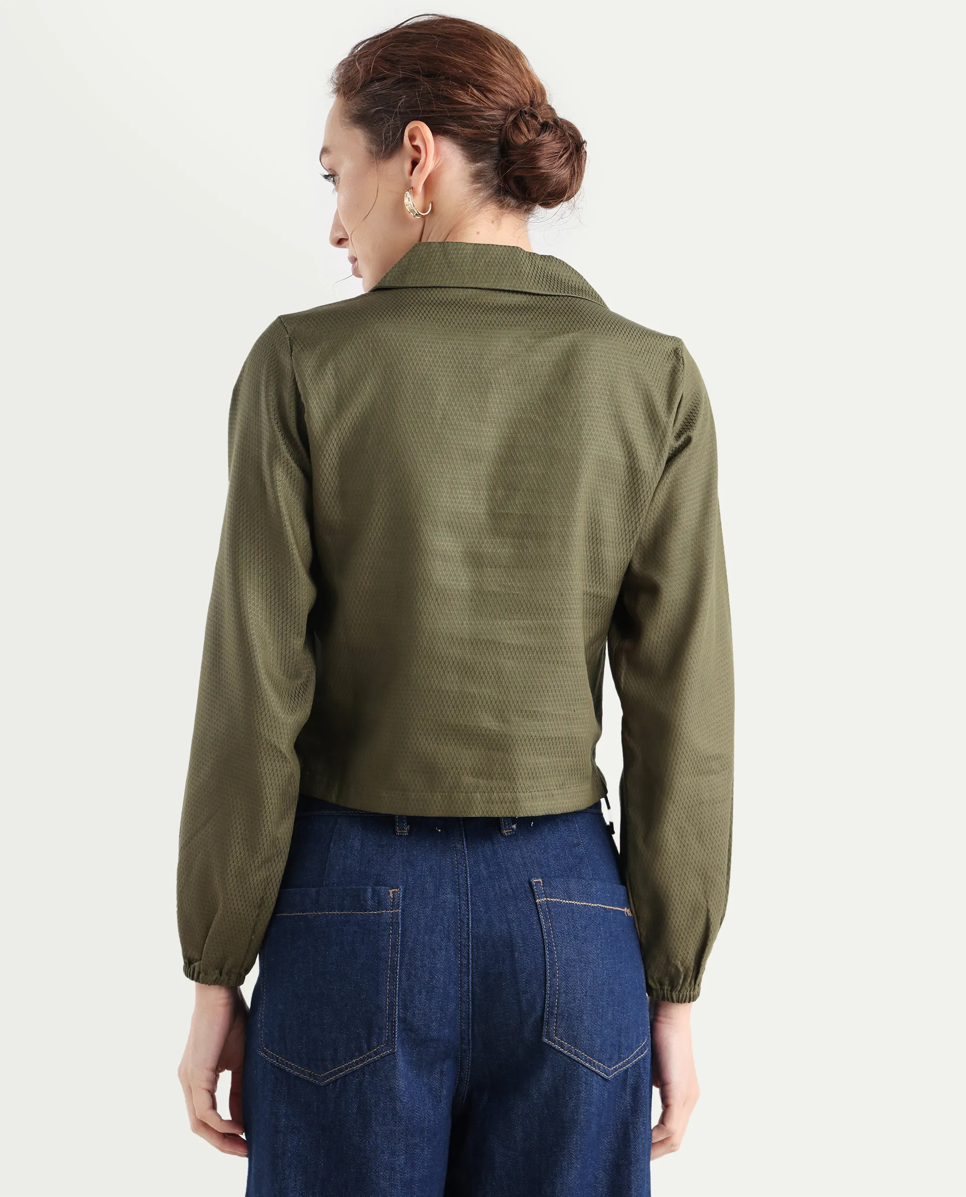 Rareism Women's Istanbul Green Cotton Lapel Neck Plain Bishop Sleeve Crop Regular Fit Top - Image 7