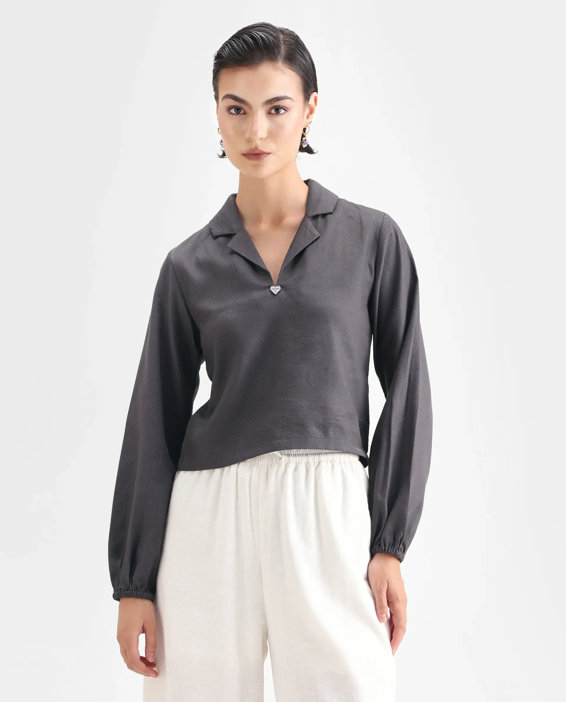 Rareism Women's Istanbul Grey Cotton Lapel Neck Plain Bishop Sleeve Crop Regular Fit Top - Image 3