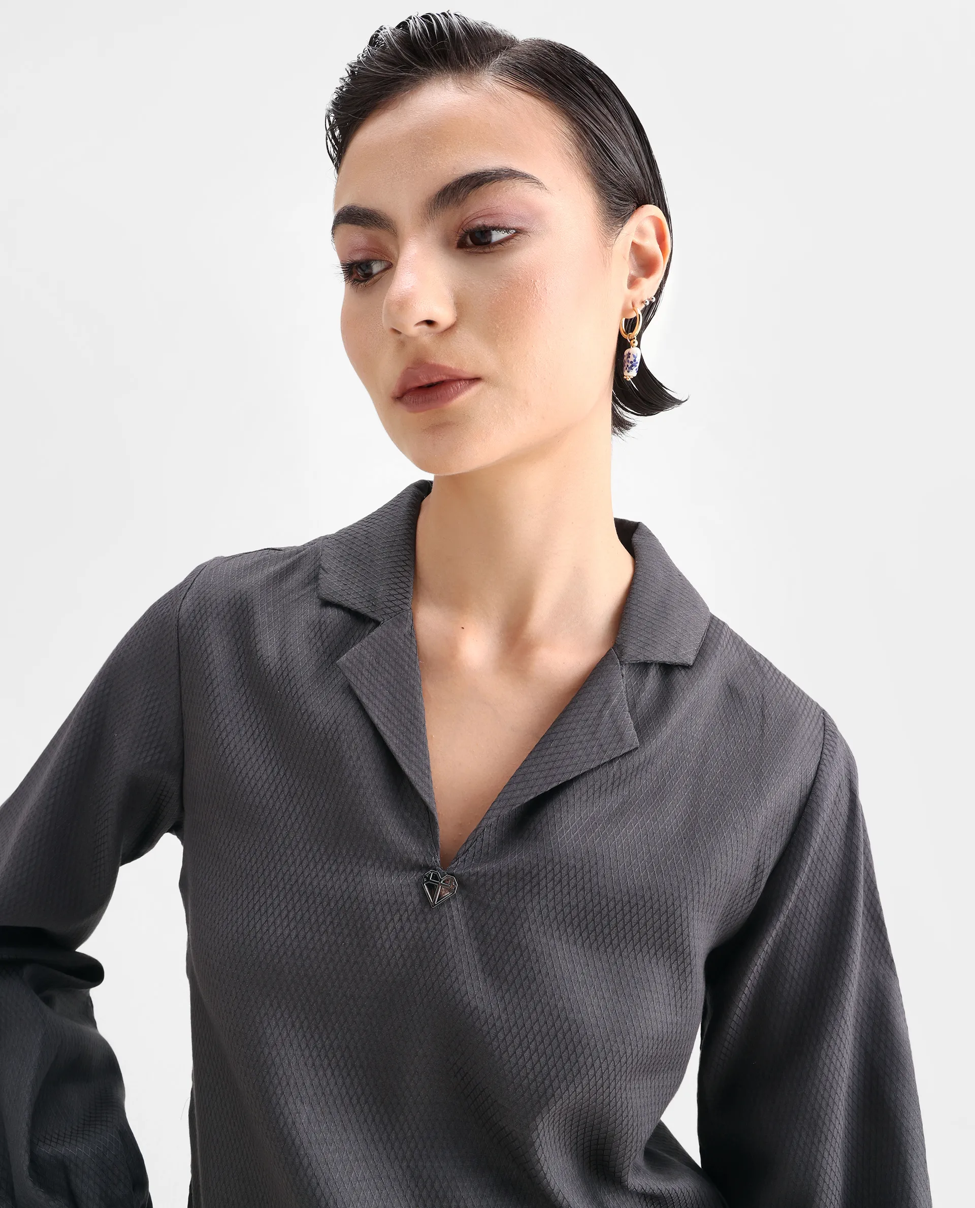 Rareism Women's Istanbul Grey Cotton Lapel Neck Plain Bishop Sleeve Crop Regular Fit Top - Image 4