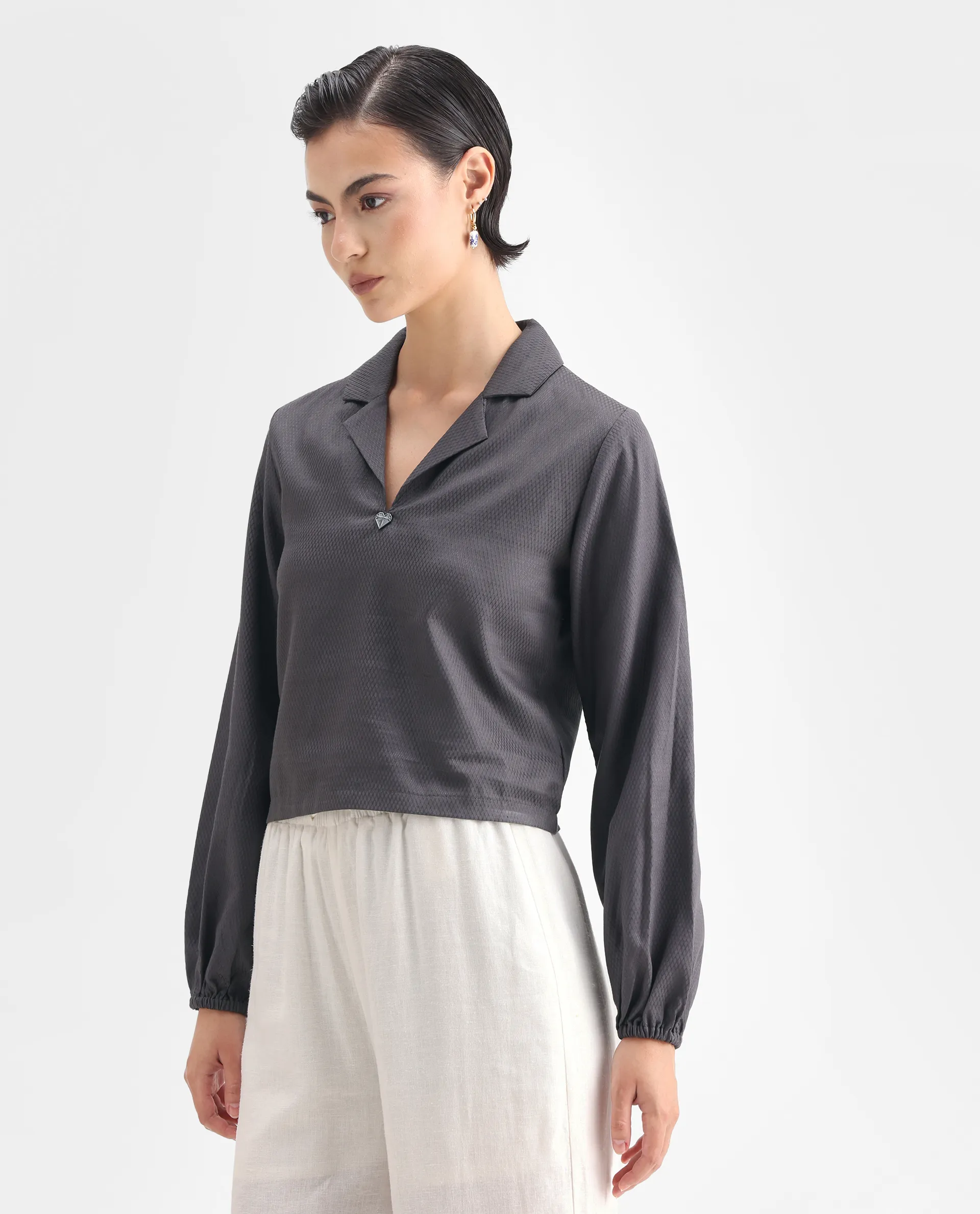 Rareism Women's Istanbul Grey Cotton Lapel Neck Plain Bishop Sleeve Crop Regular Fit Top - Image 5