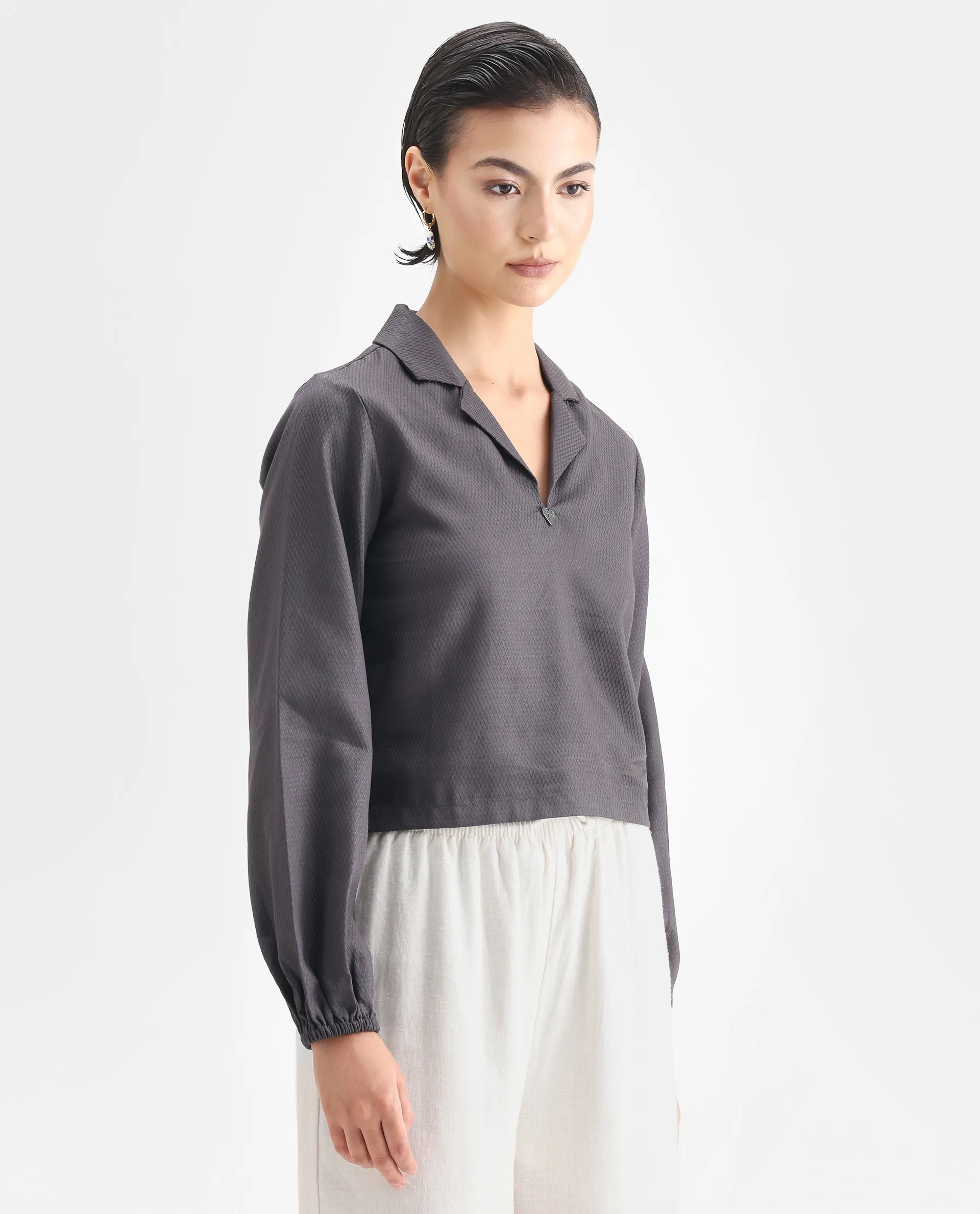 Rareism Women's Istanbul Grey Cotton Lapel Neck Plain Bishop Sleeve Crop Regular Fit Top - Image 6