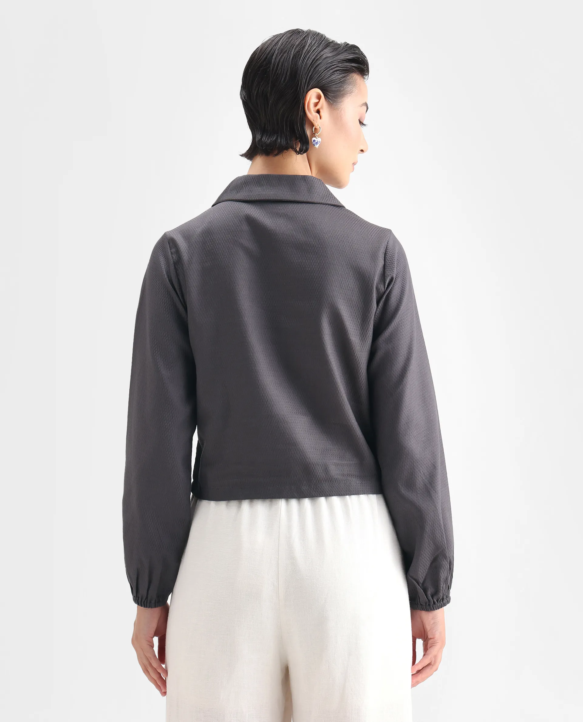 Rareism Women's Istanbul Grey Cotton Lapel Neck Plain Bishop Sleeve Crop Regular Fit Top - Image 7