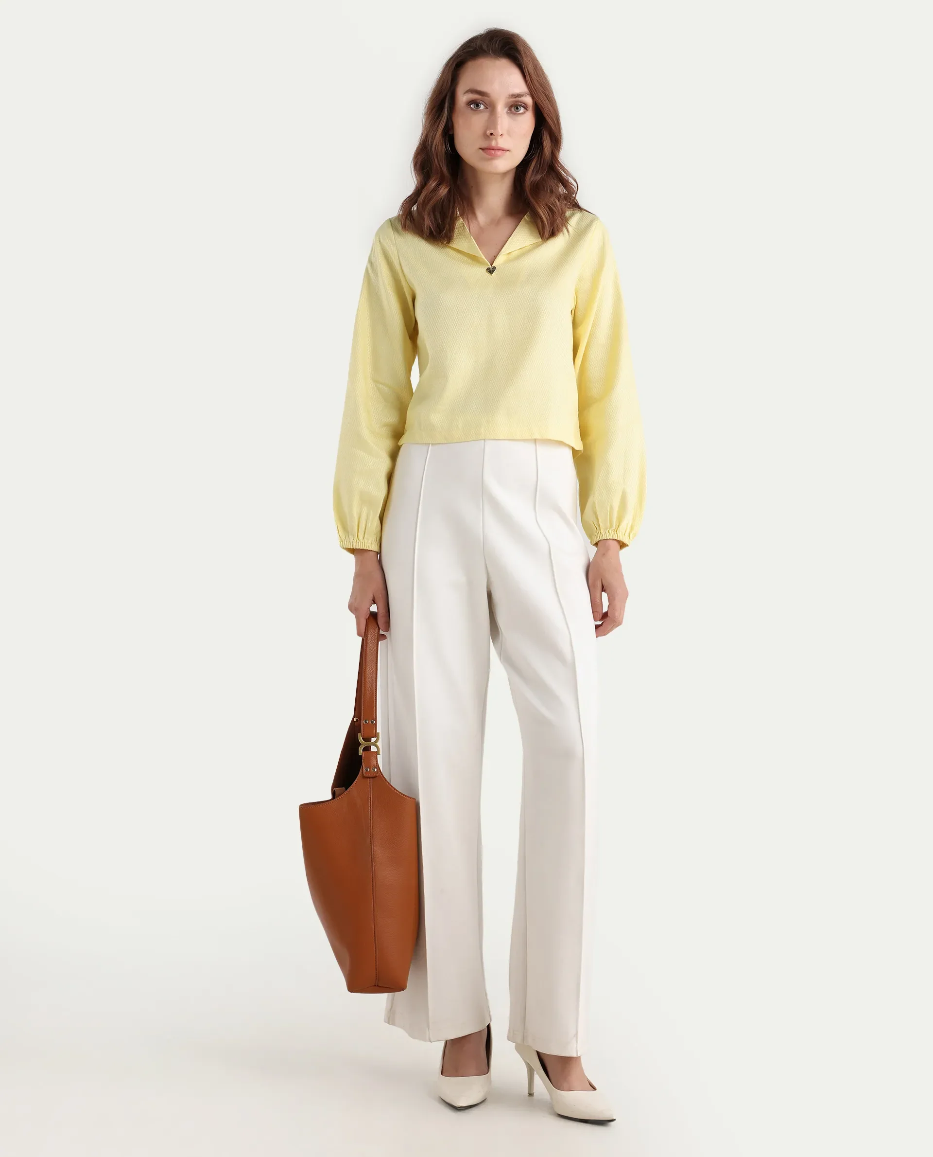 Rareism Women's Istanbul Light Yellow Cotton Lapel Neck Plain Bishop Sleeve Crop Regular Fit Top - Image 2
