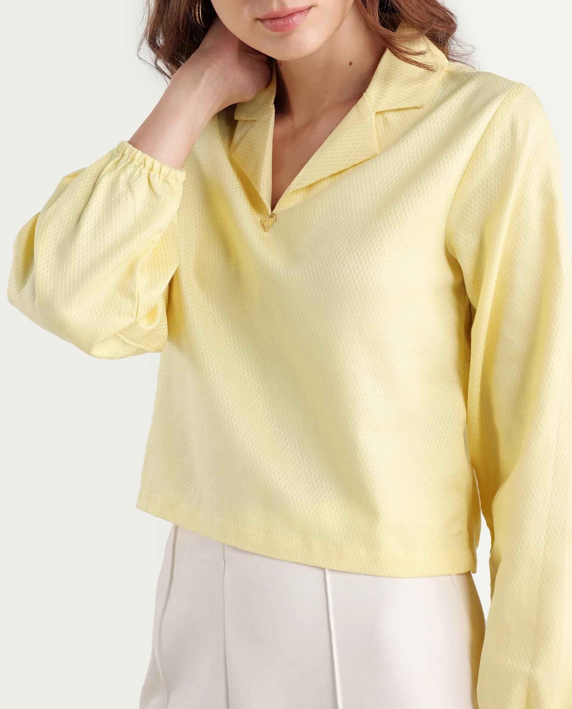 Rareism Women's Istanbul Light Yellow Cotton Lapel Neck Plain Bishop Sleeve Crop Regular Fit Top - Image 3