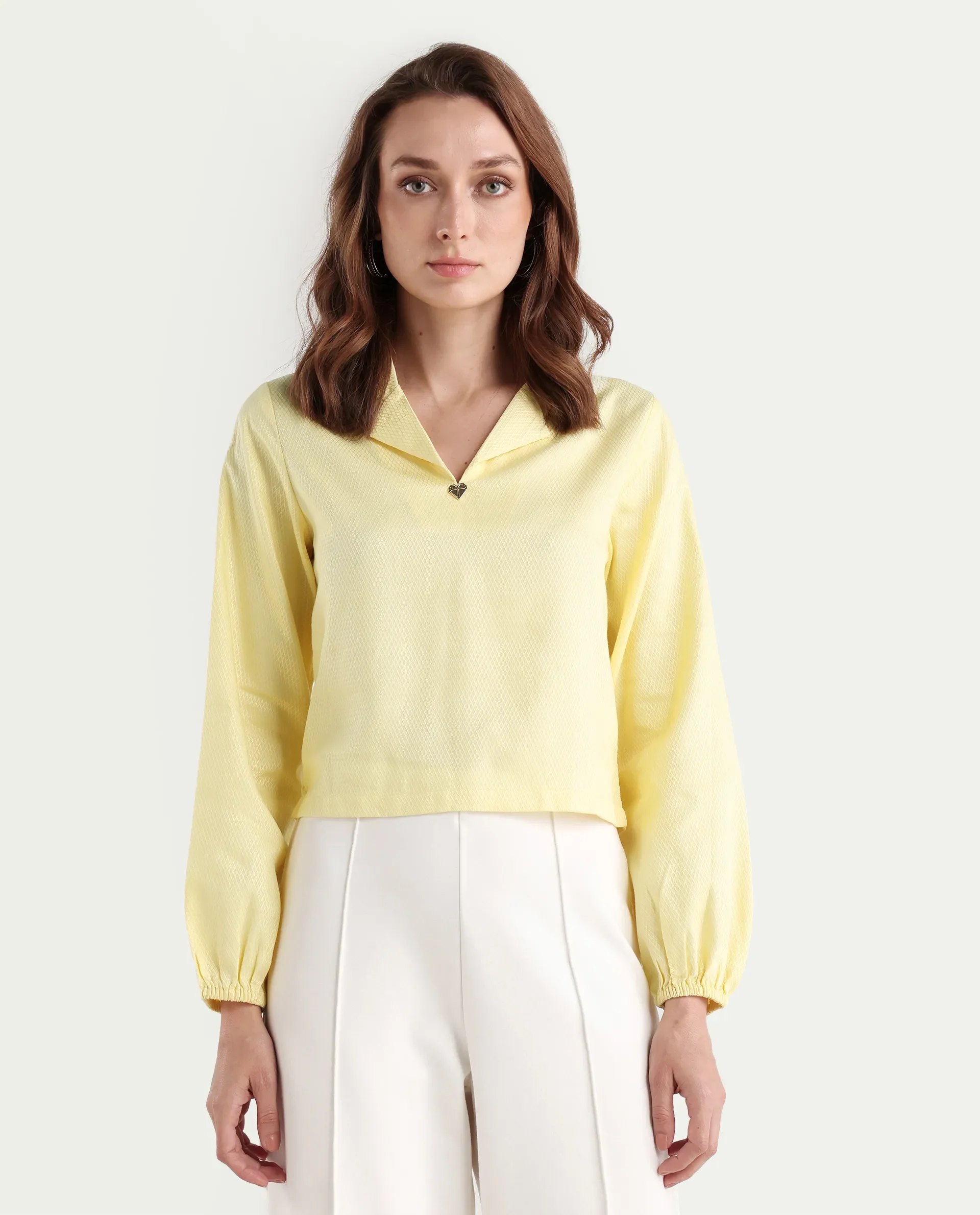Rareism Women's Istanbul Light Yellow Cotton Lapel Neck Plain Bishop Sleeve Crop Regular Fit Top - Image 4