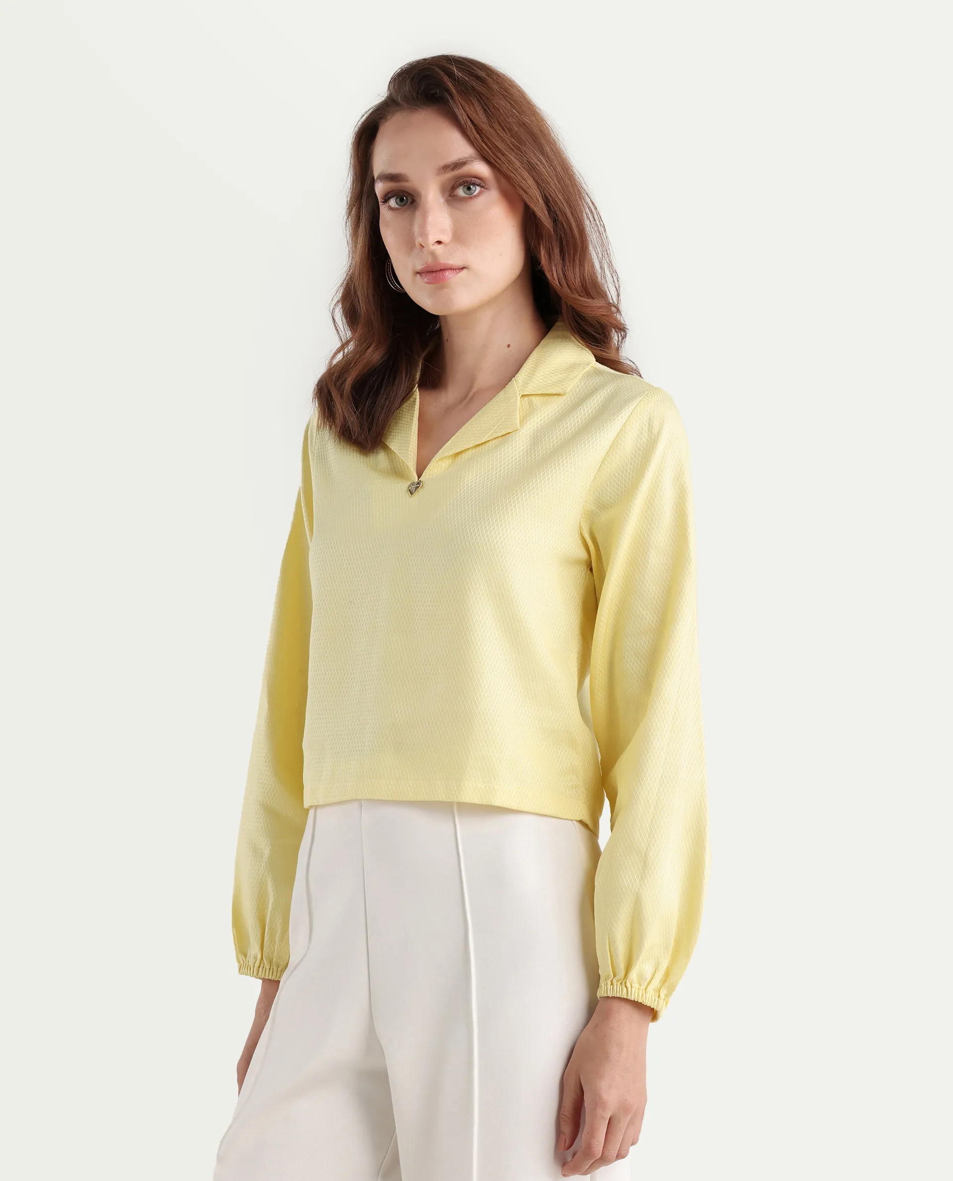 Rareism Women's Istanbul Light Yellow Cotton Lapel Neck Plain Bishop Sleeve Crop Regular Fit Top - Image 5