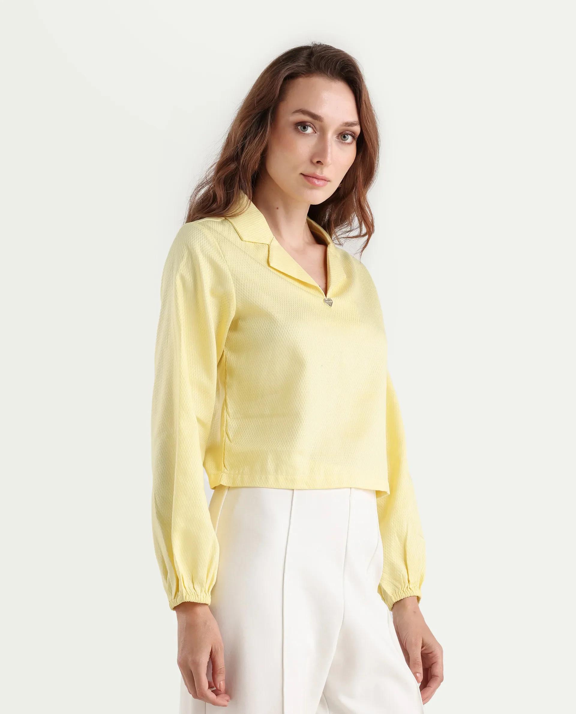 Rareism Women's Istanbul Light Yellow Cotton Lapel Neck Plain Bishop Sleeve Crop Regular Fit Top - Image 6