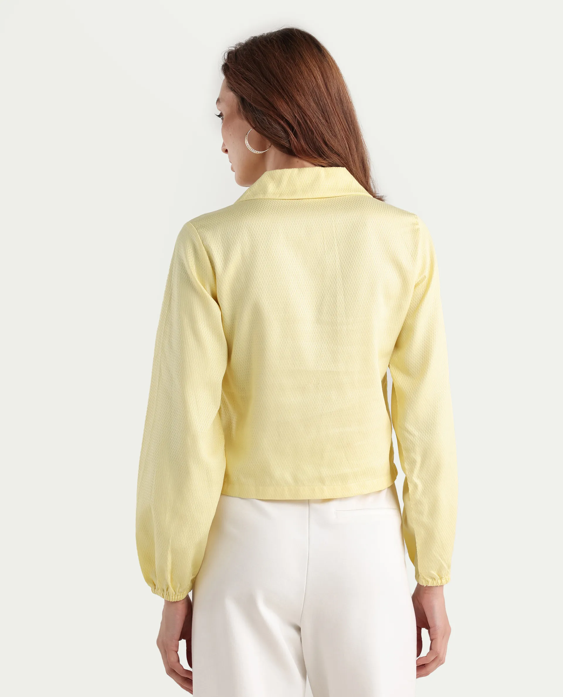 Rareism Women's Istanbul Light Yellow Cotton Lapel Neck Plain Bishop Sleeve Crop Regular Fit Top - Image 7