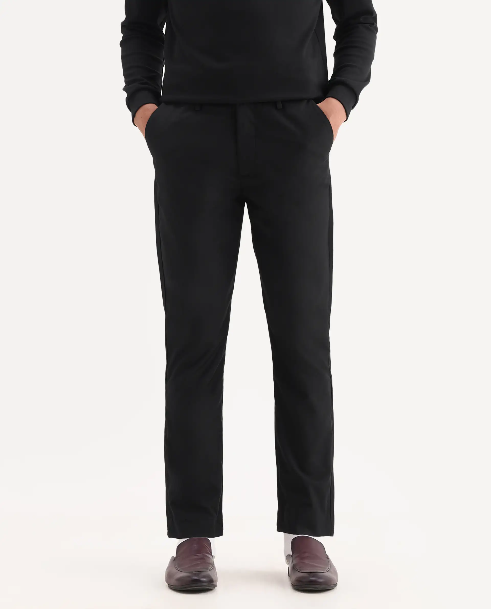Rare Rabbit Men's Ital Black Cotton Blend Plain Regular Fit Trouser - Image 2