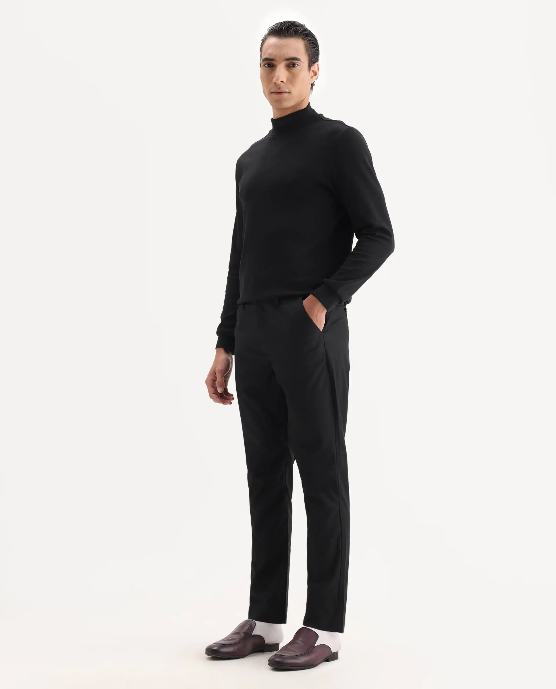 Rare Rabbit Men's Ital Black Cotton Blend Plain Regular Fit Trouser - Image 4