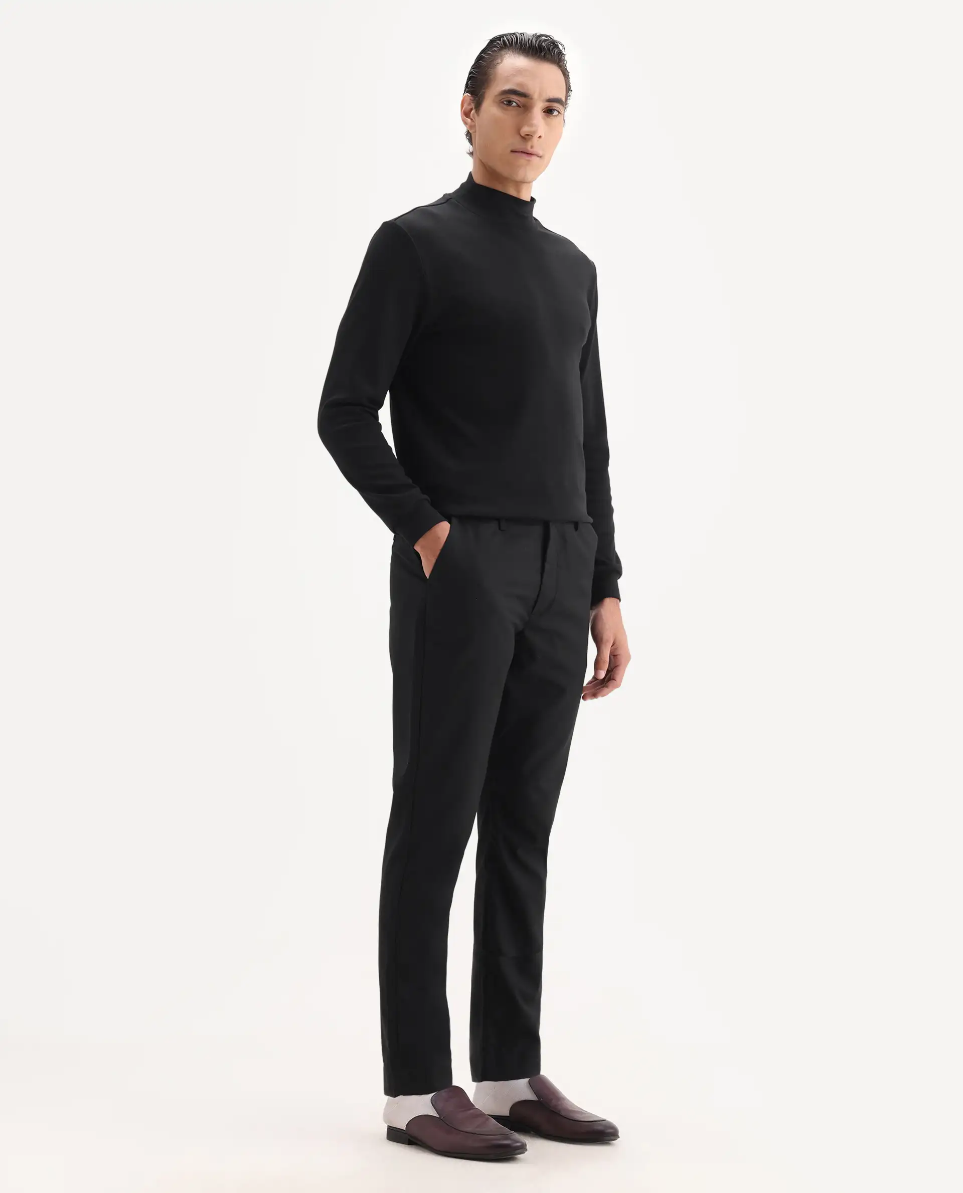 Rare Rabbit Men's Ital Black Cotton Blend Plain Regular Fit Trouser - Image 5