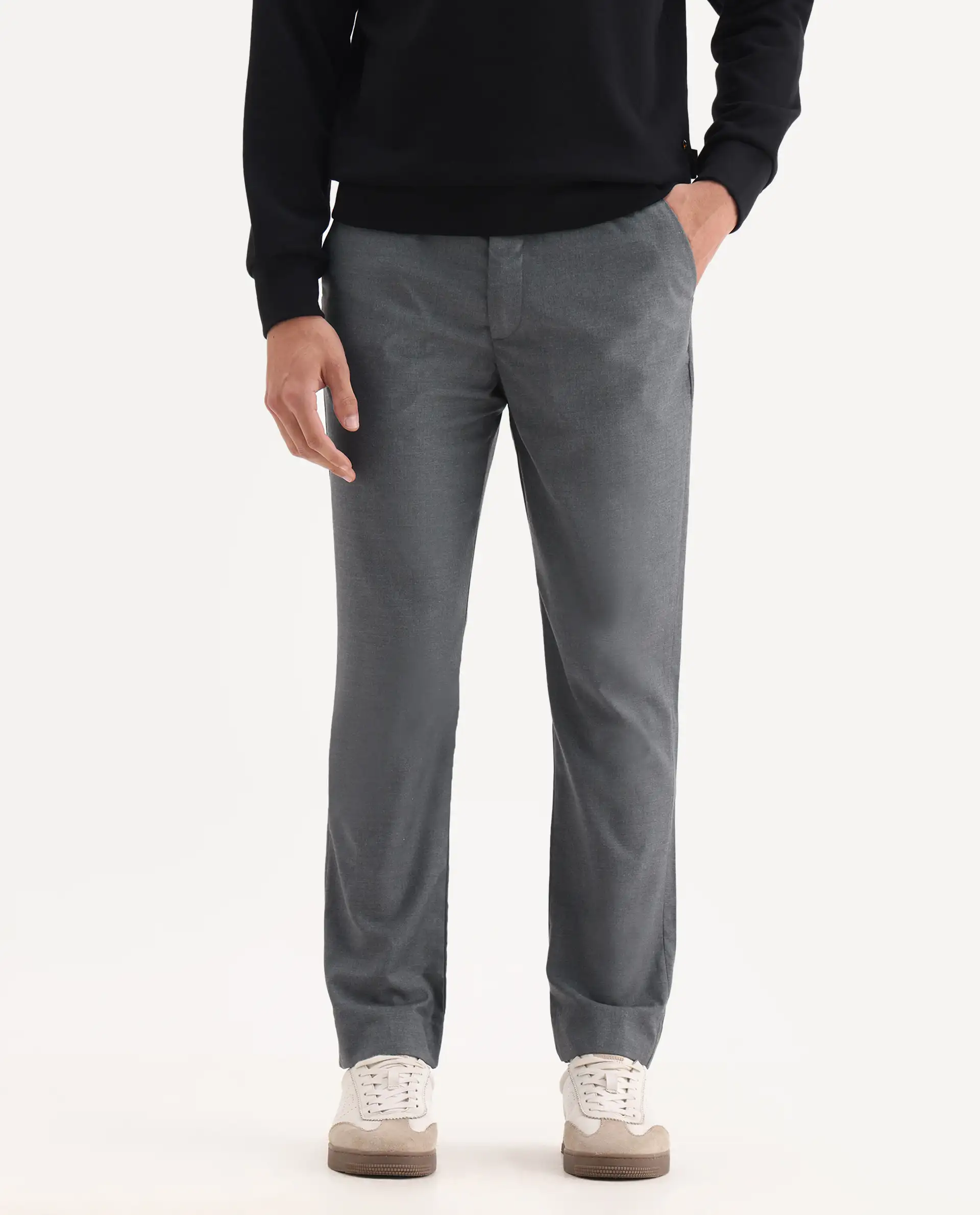 Rare Rabbit Men's Ital Grey Cotton Blend Plain Regular Fit Trouser - Image 2