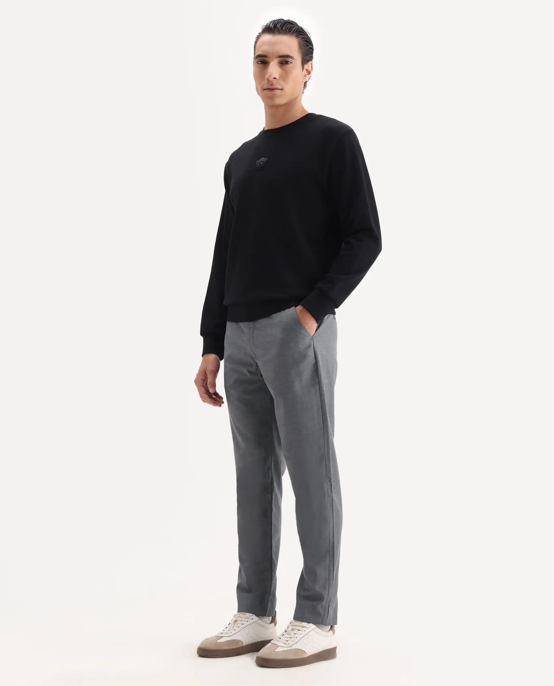 Rare Rabbit Men's Ital Grey Cotton Blend Plain Regular Fit Trouser - Image 4