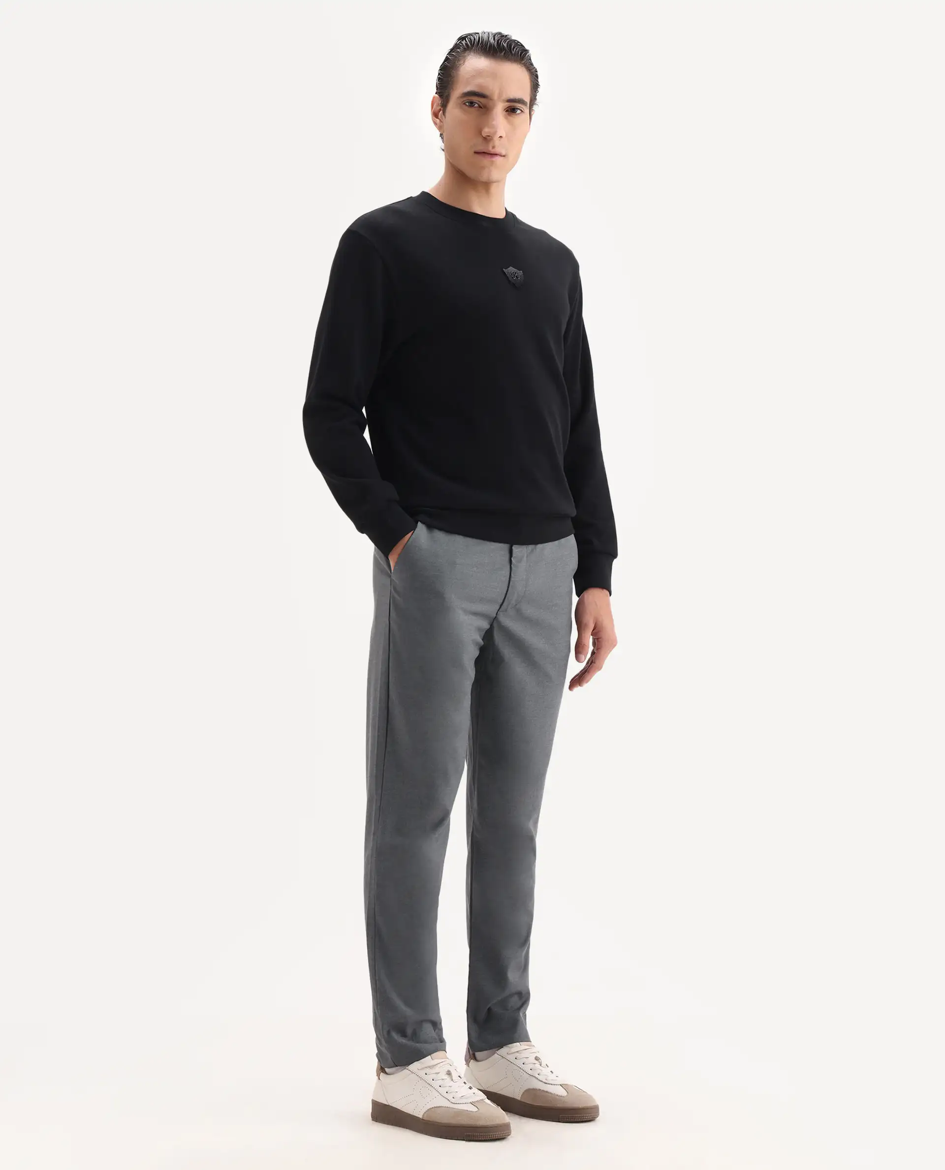 Rare Rabbit Men's Ital Grey Cotton Blend Plain Regular Fit Trouser - Image 5