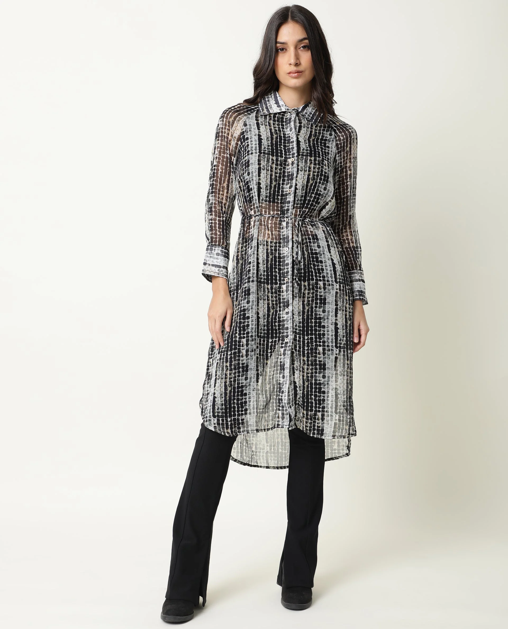 Rareism Women's Ito Black Spread Collar Abstract Print Knee Length Regular Fit Dress - Image 2