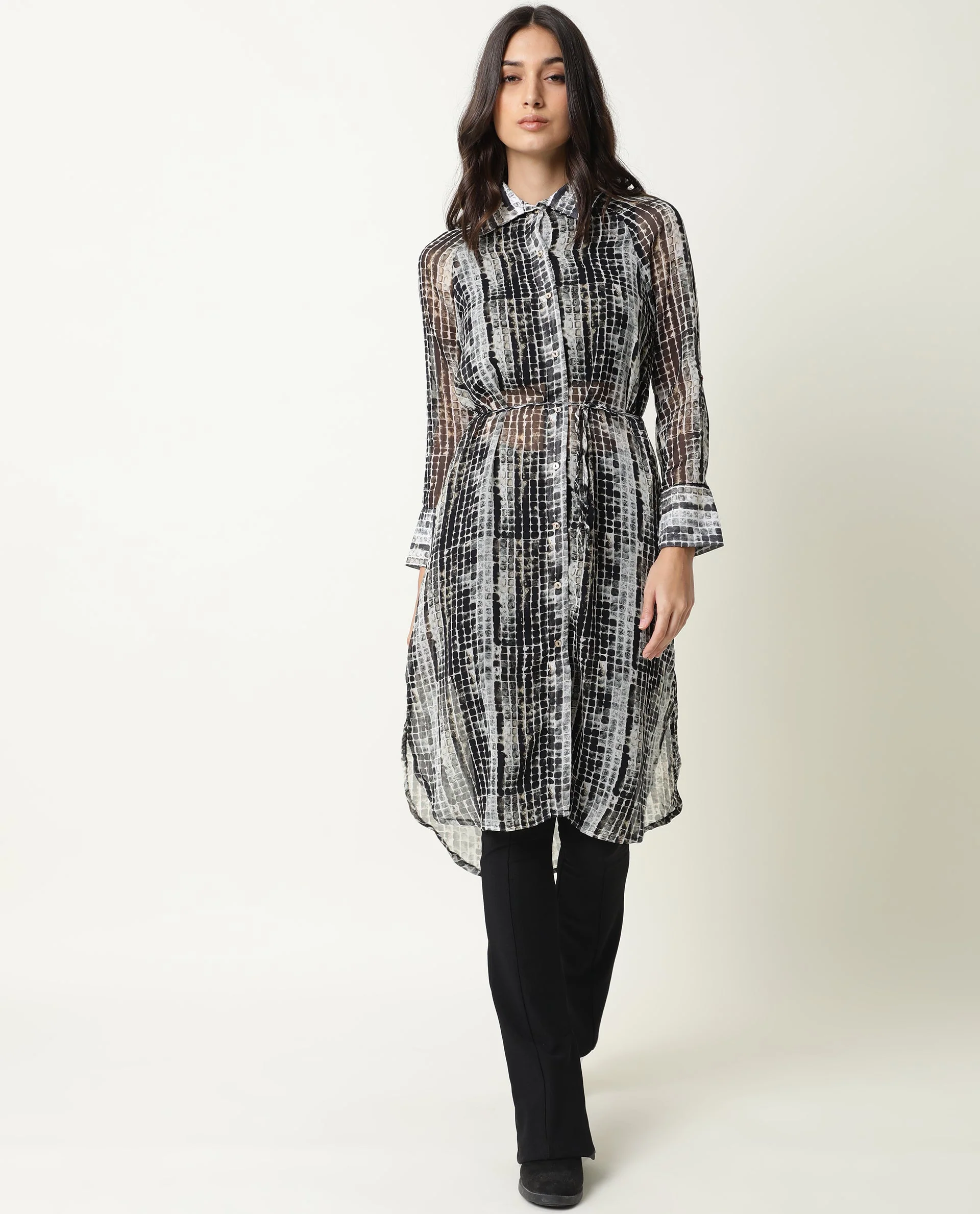 Rareism Women's Ito Black Spread Collar Abstract Print Knee Length Regular Fit Dress - Image 4