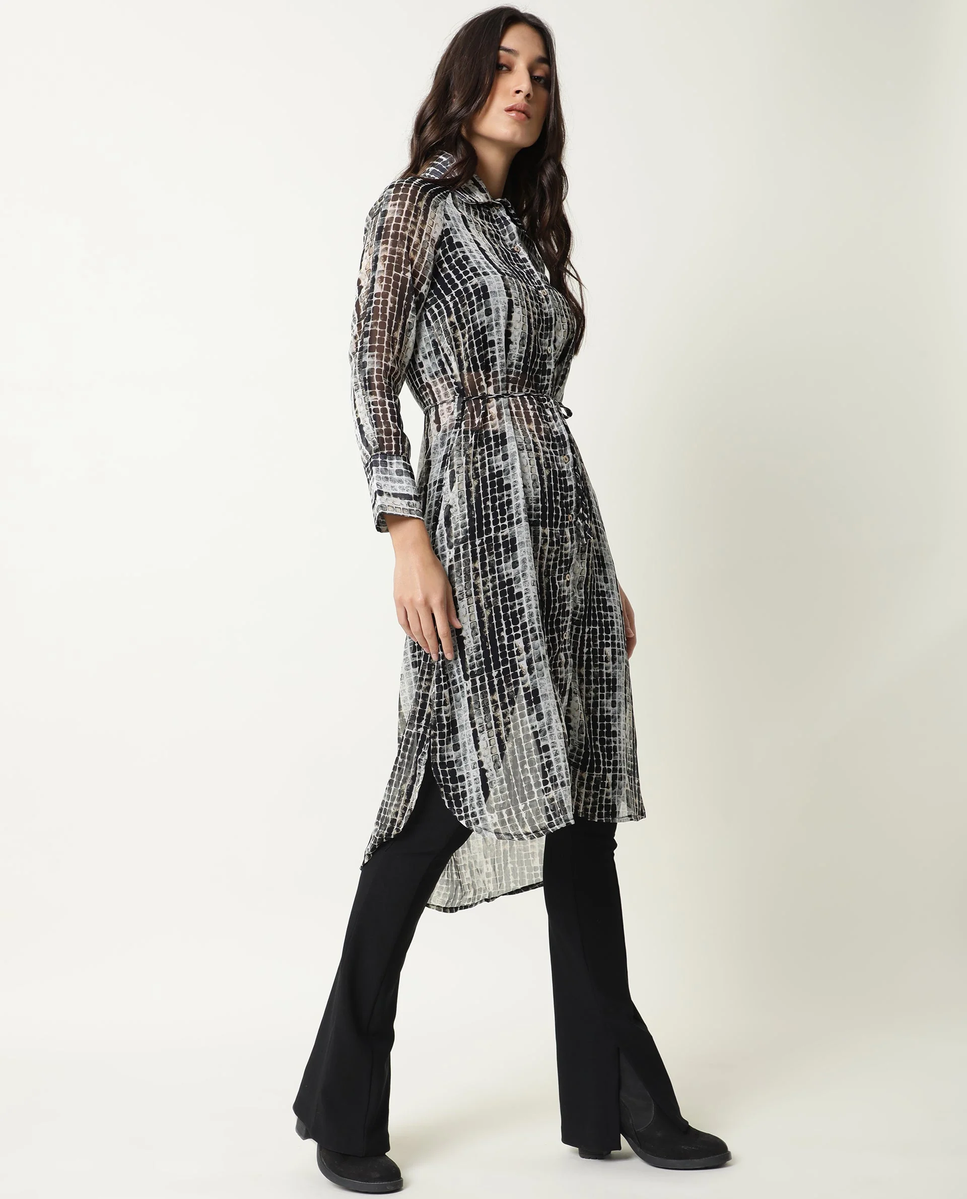 Rareism Women's Ito Black Spread Collar Abstract Print Knee Length Regular Fit Dress - Image 5