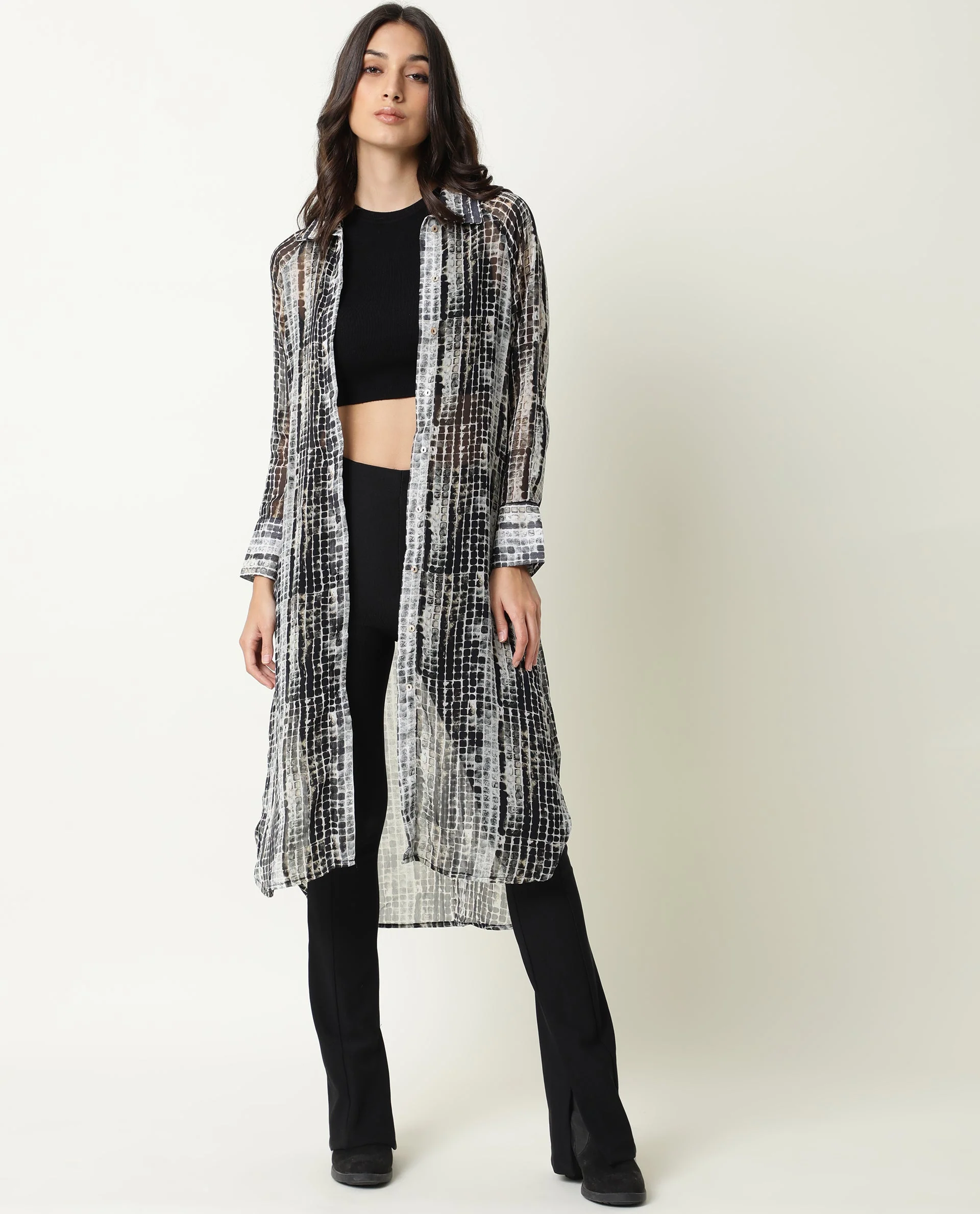 Rareism Women's Ito Black Spread Collar Abstract Print Knee Length Regular Fit Dress - Image 6