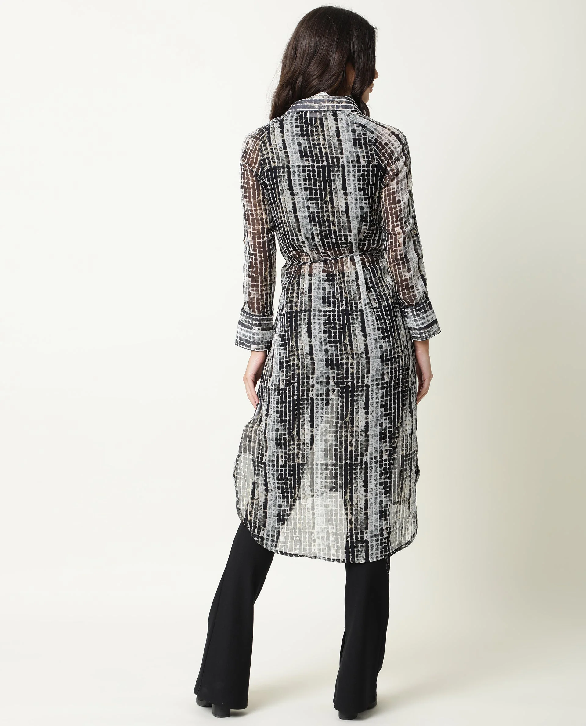 Rareism Women's Ito Black Spread Collar Abstract Print Knee Length Regular Fit Dress - Image 7