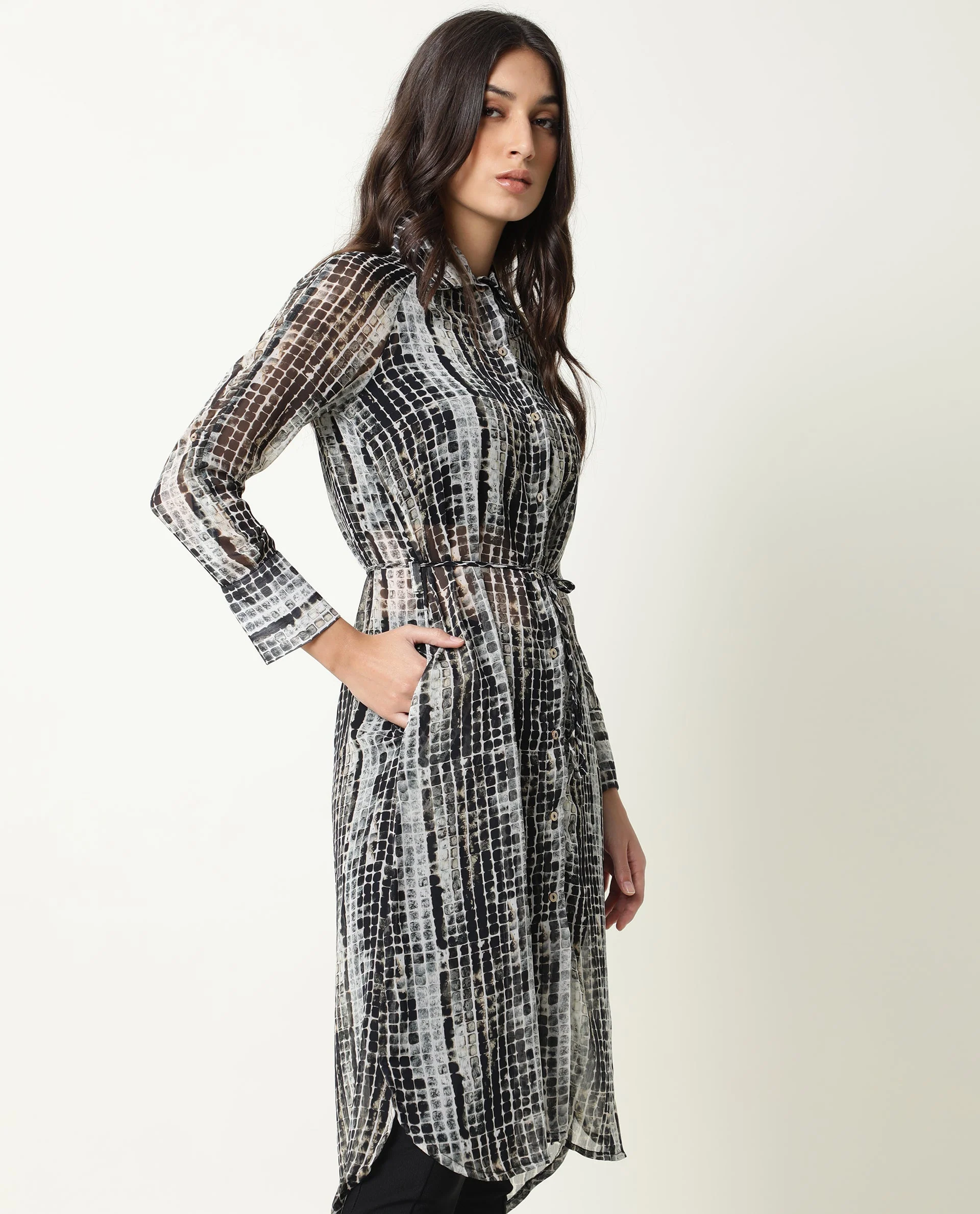 Rareism Women's Ito Black Spread Collar Abstract Print Knee Length Regular Fit Dress - Image 8