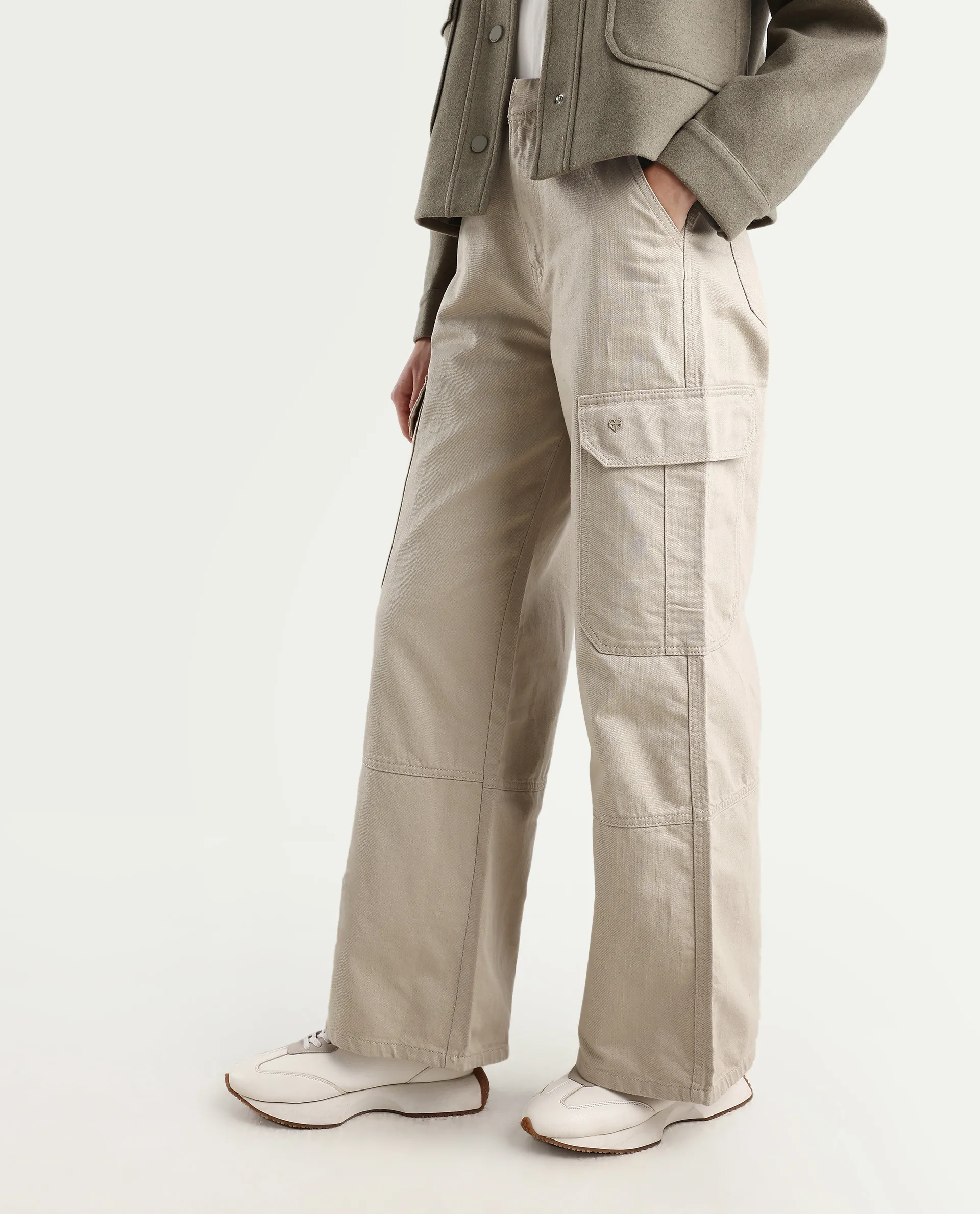 Rareism Women's Itsiz Off Beige Cotton Plain Ankle Length Wide Trouser - Image 2
