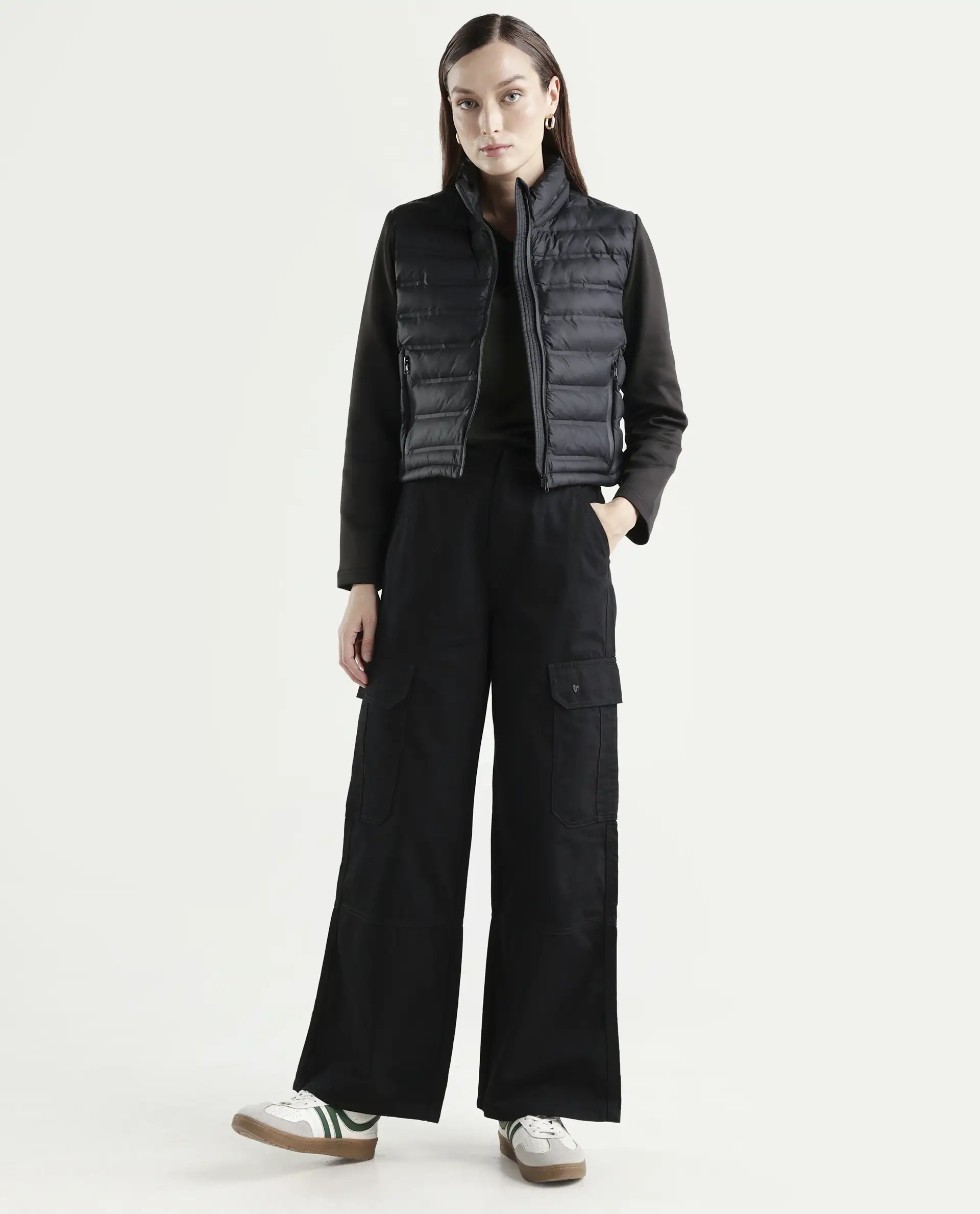 Rareism Women's Itsiz Black Cotton Plain Ankle Length Wide Trouser