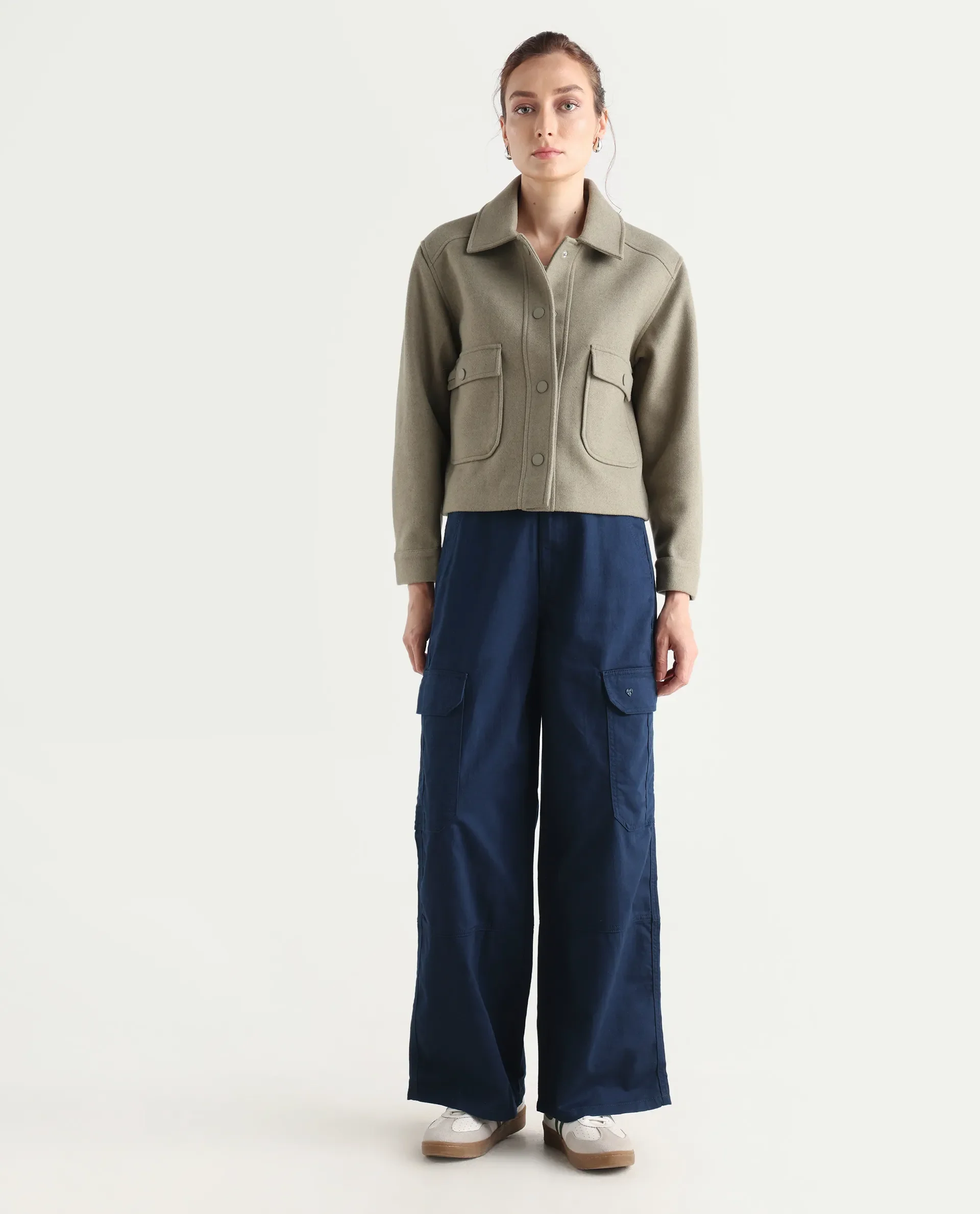 Rareism Women's Itsiz Navy Cotton Plain Ankle Length Wide Leg Trouser - Image 3