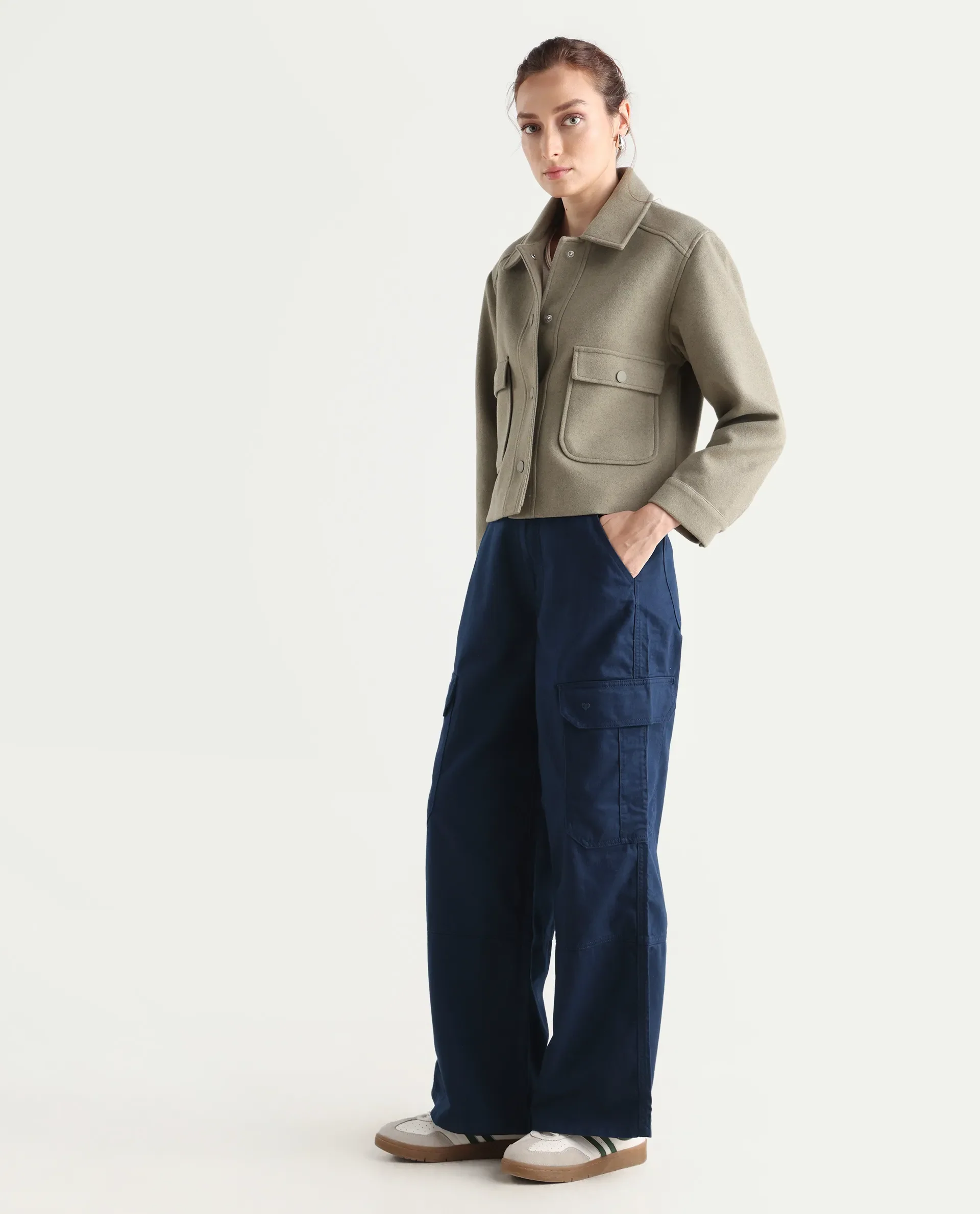 Rareism Women's Itsiz Navy Cotton Plain Ankle Length Wide Leg Trouser - Image 6