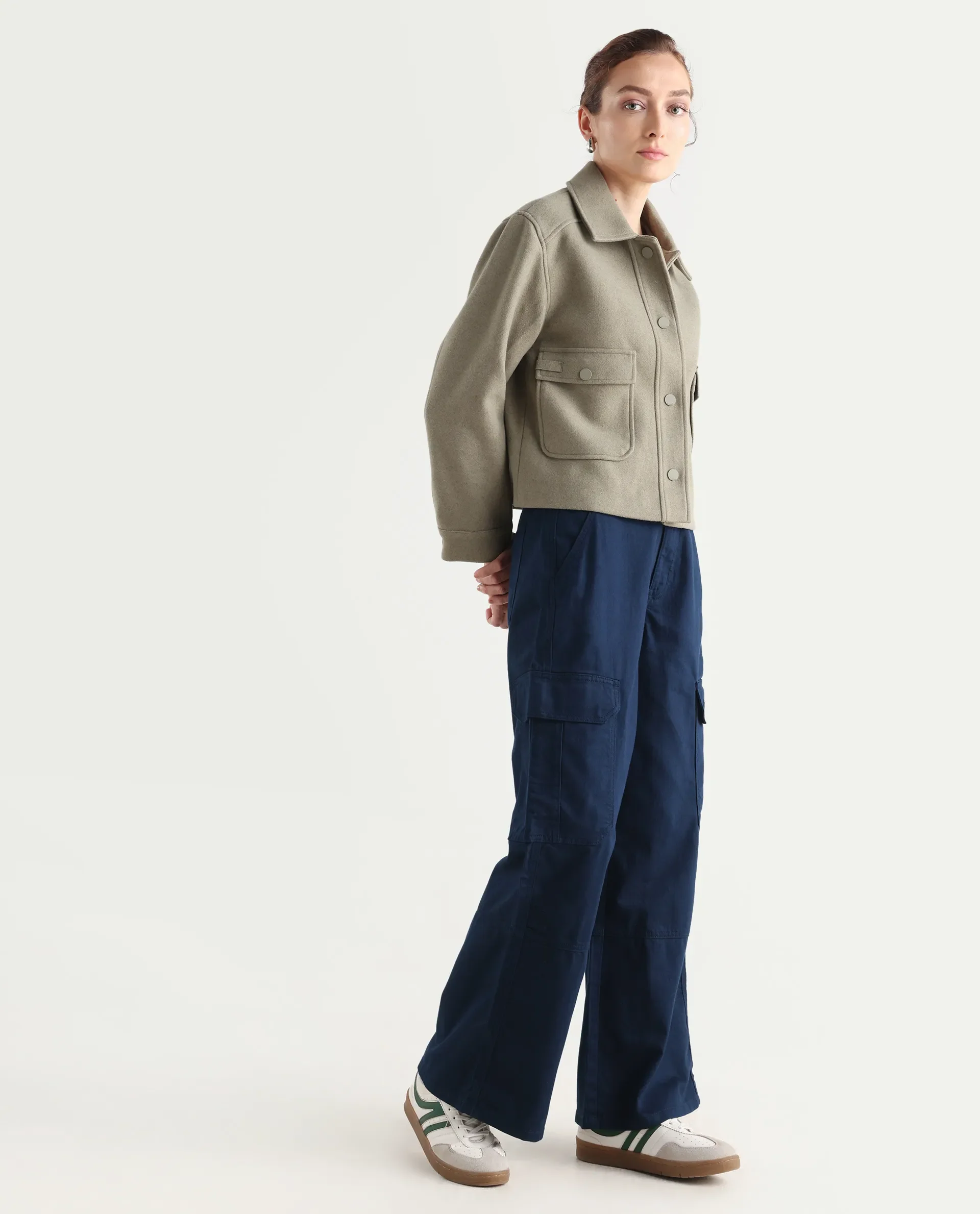 Rareism Women's Itsiz Navy Cotton Plain Ankle Length Wide Leg Trouser - Image 7