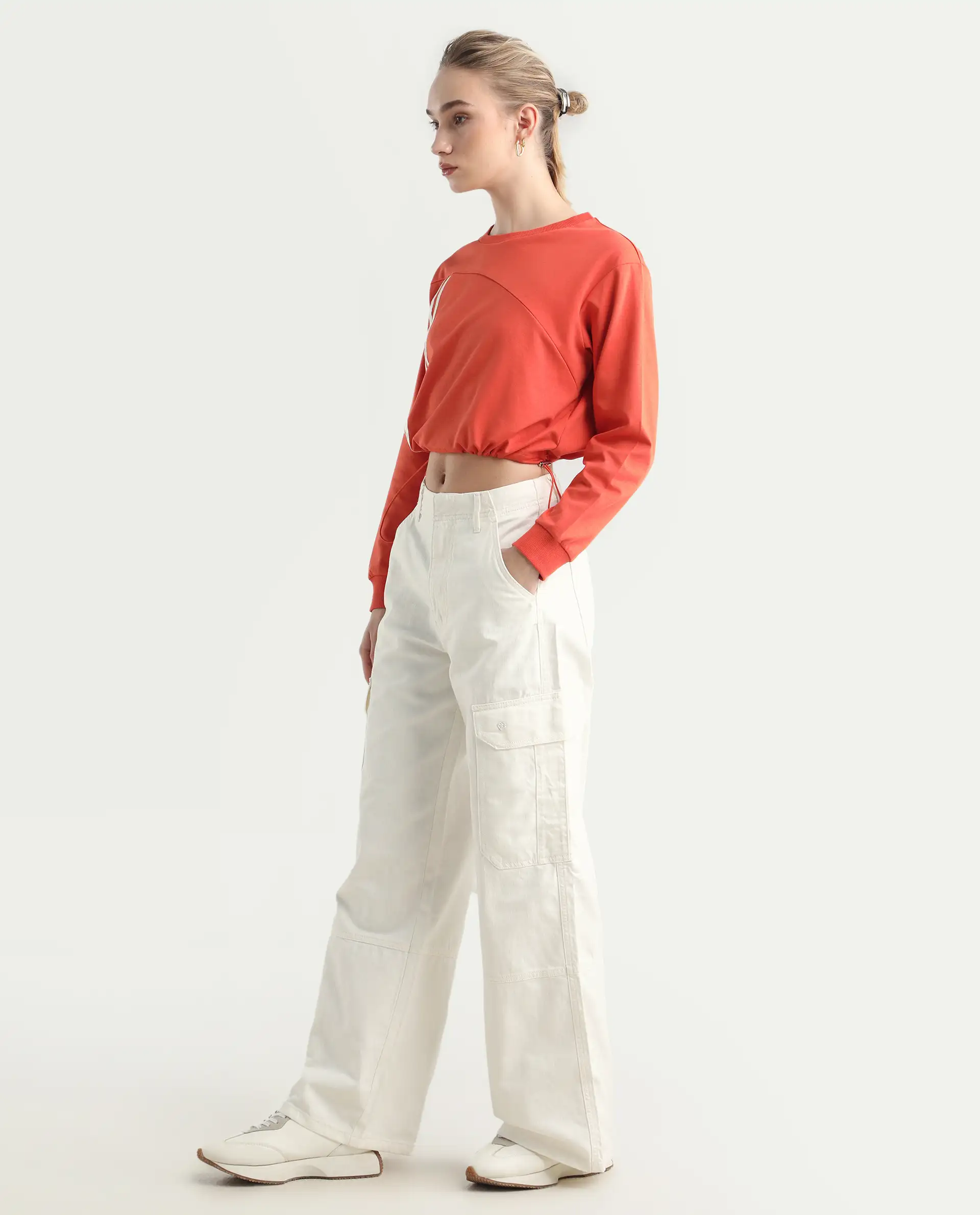 Rareism Women's Itsiz Off White Cotton Plain Ankle Length Wide Leg Trouser - Image 7