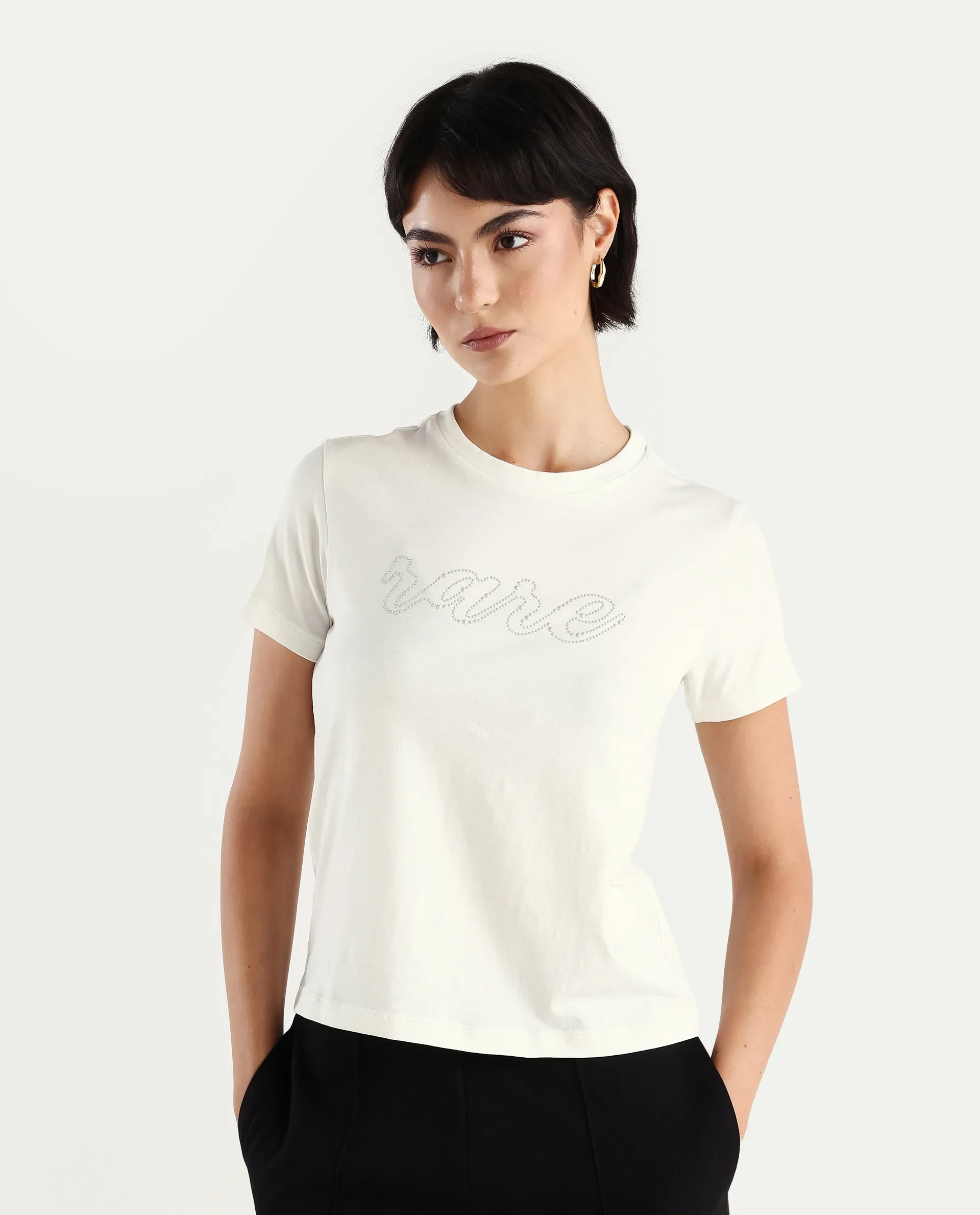Rareism Women's Itsy Off White Cotton Blend Crew Neck Graphic Print Regular Fit T-Shirt - Image 3