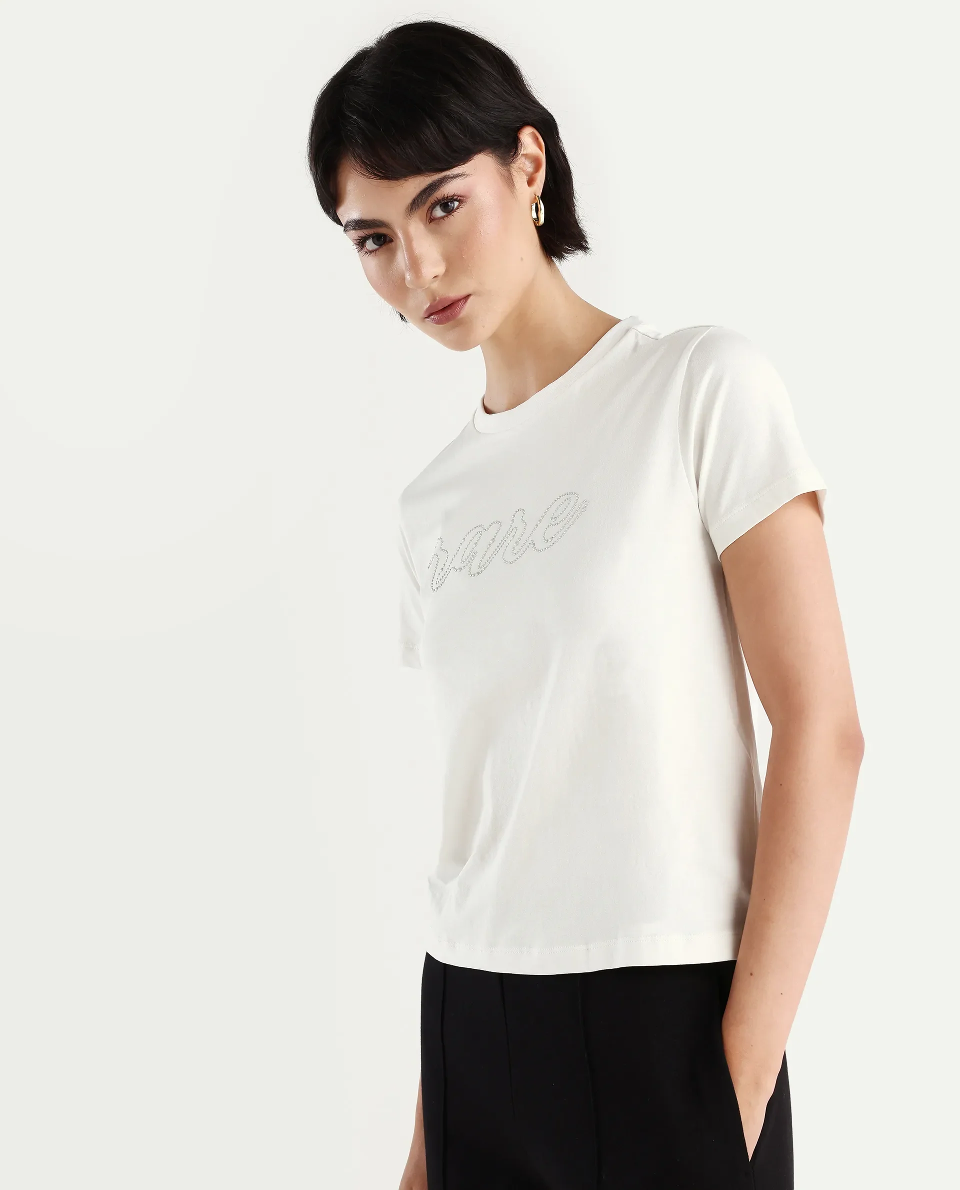 Rareism Women's Itsy Off White Cotton Blend Crew Neck Graphic Print Regular Fit T-Shirt - Image 5