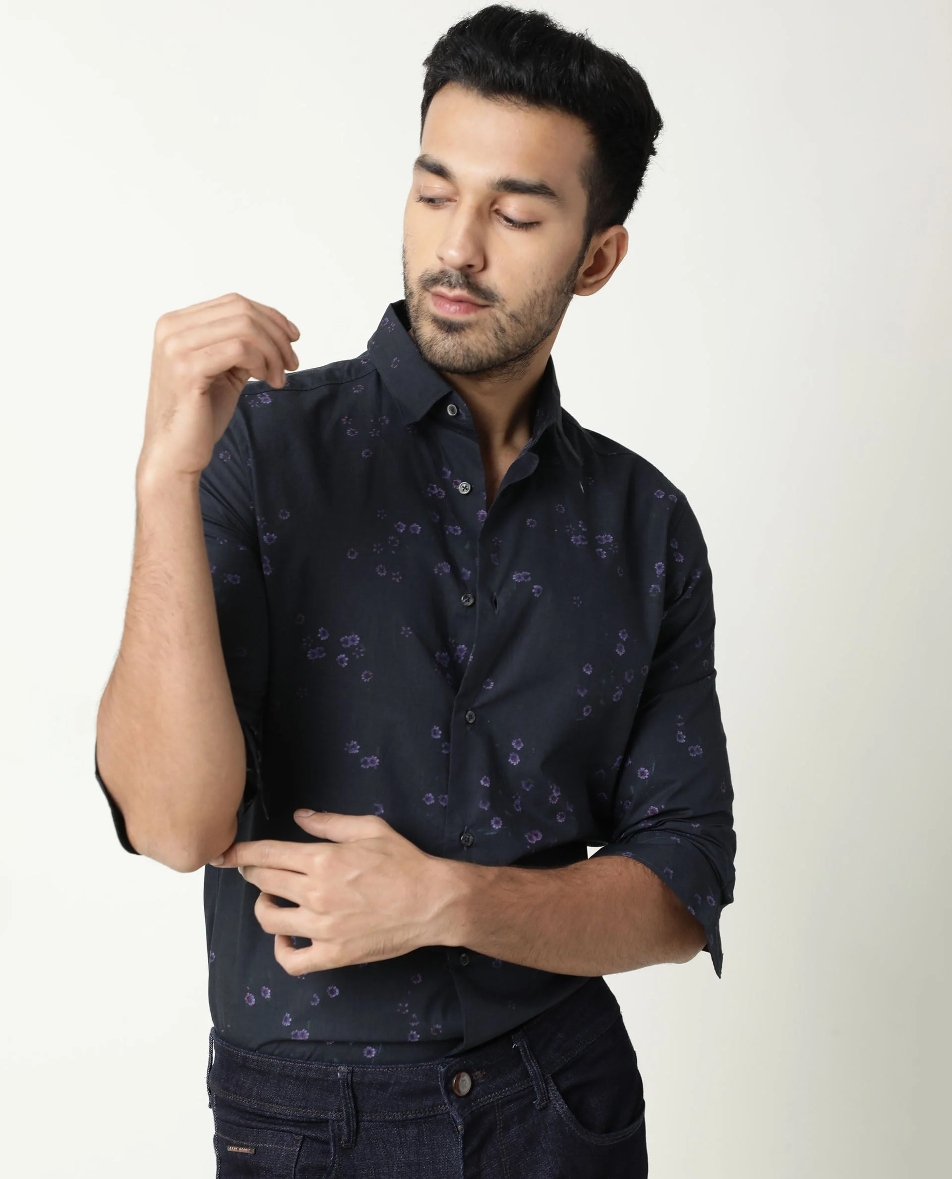 Rare Rabbit Men's Itxy Navy Cotton Graphic Print Regular Fit Full Sleeve Collared Shirt - Image 3