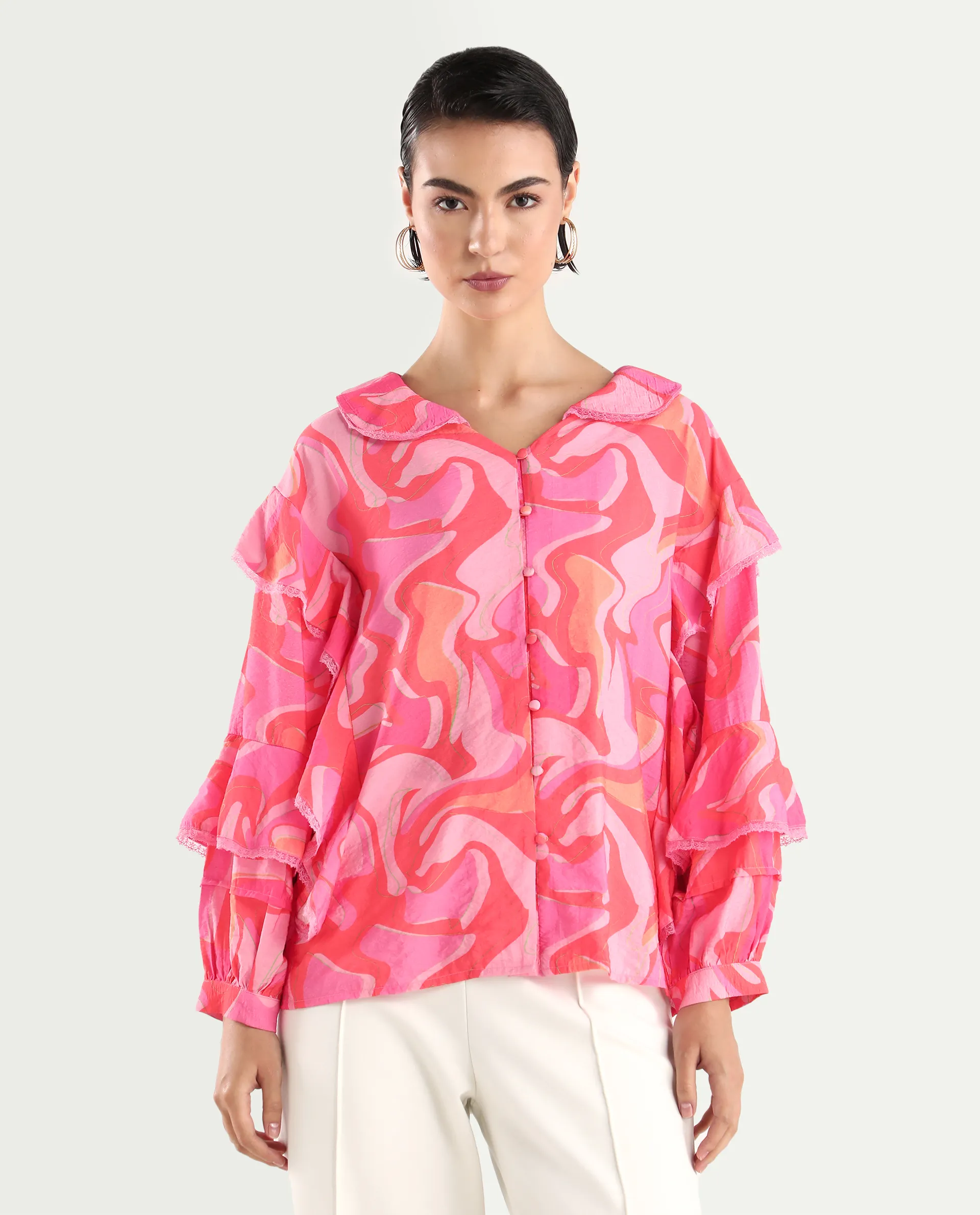 Rareism Women's Ivan Multi Viscose Blend Peter Pan Collar Abstract Print Bishop Sleeve Regular Fit Top - Image 3